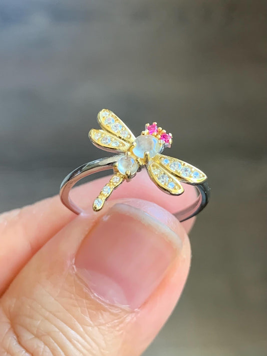 Natural Burmese Icy Highly Translucent White Jadeite Dragonfly Design Ring S925 Sterling Silver Sz 7 Adjustable 天然缅甸白冰翡翠蜻蜓银镶戒指 MQT60