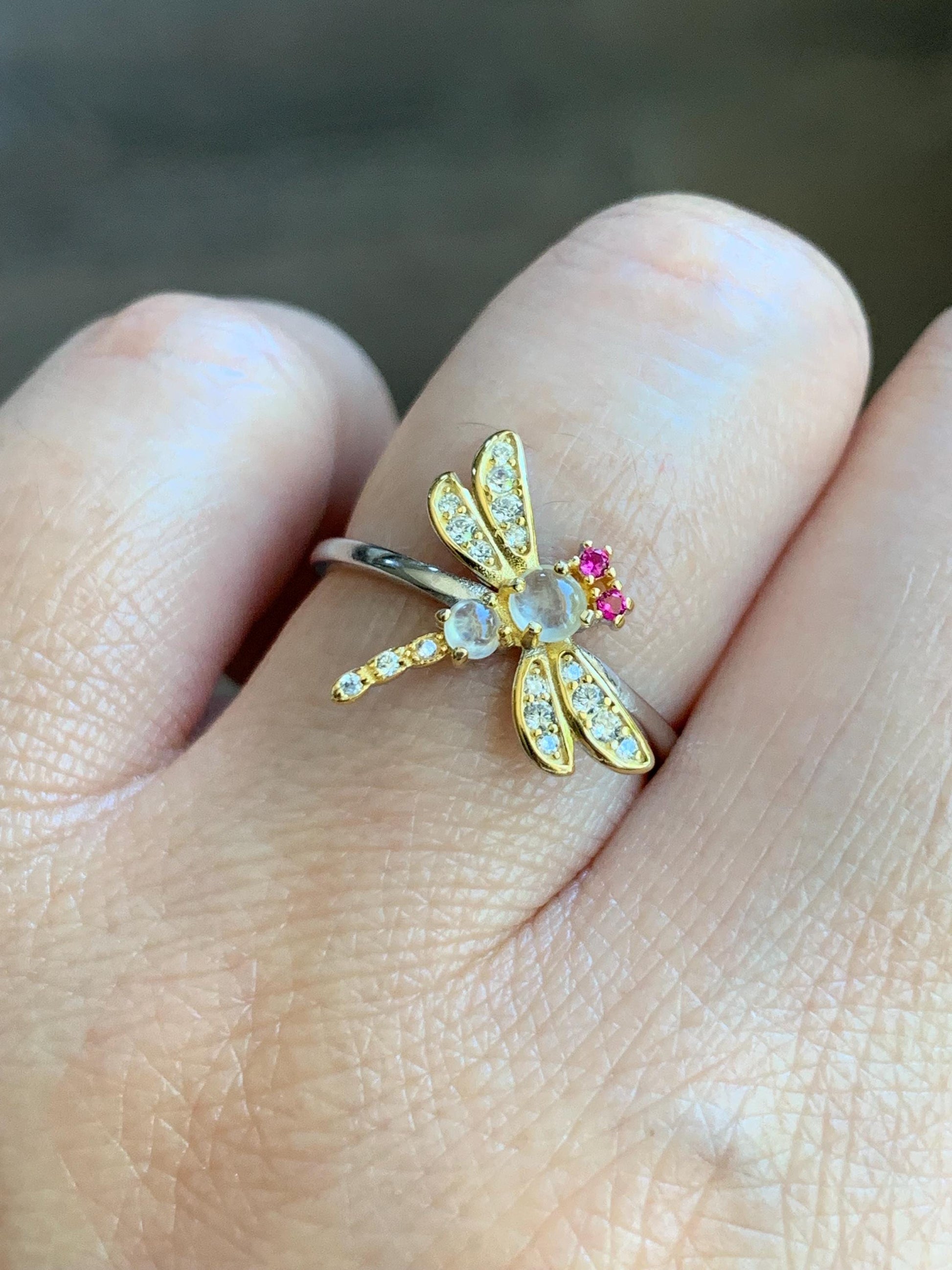 Natural Burmese Icy Highly Translucent White Jadeite Dragonfly Design Ring S925 Sterling Silver Sz 7 Adjustable 天然缅甸白冰翡翠蜻蜓银镶戒指 MQT60