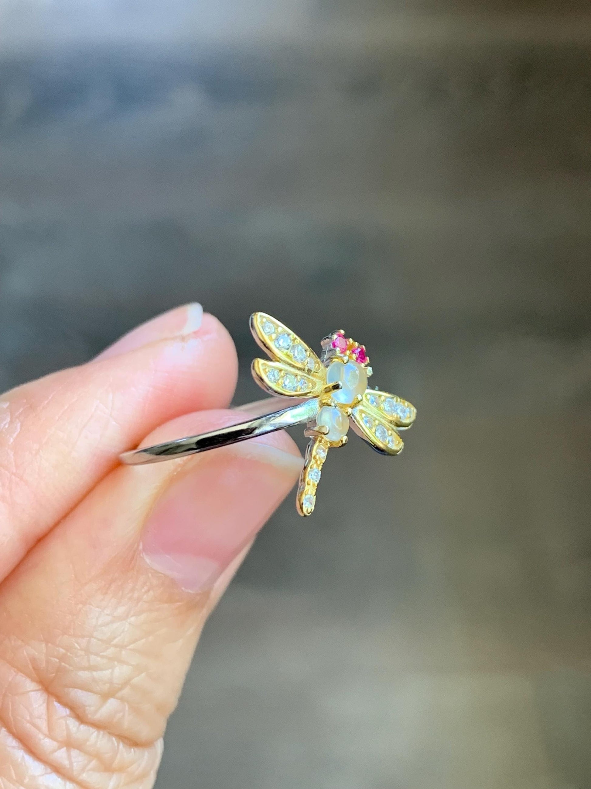 Natural Burmese Icy Highly Translucent White Jadeite Dragonfly Design Ring S925 Sterling Silver Sz 7 Adjustable 天然缅甸白冰翡翠蜻蜓银镶戒指 MQT60