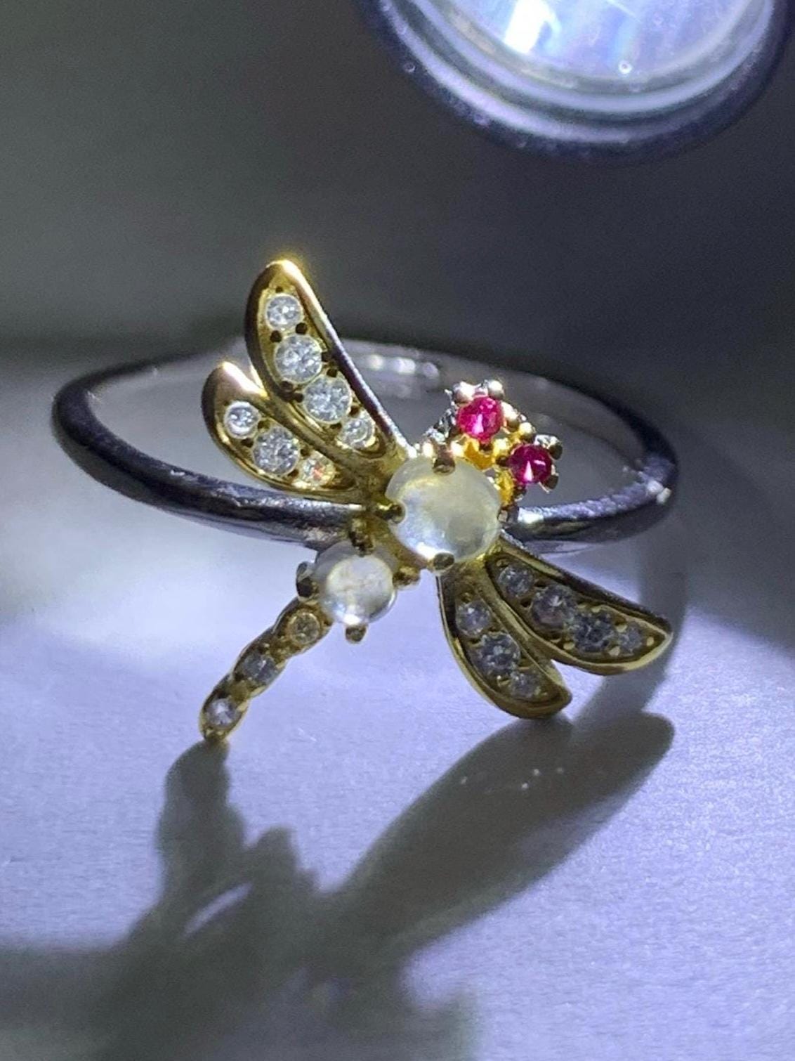 Natural Burmese Icy Highly Translucent White Jadeite Dragonfly Design Ring S925 Sterling Silver Sz 7 Adjustable 天然缅甸白冰翡翠蜻蜓银镶戒指 MQT60