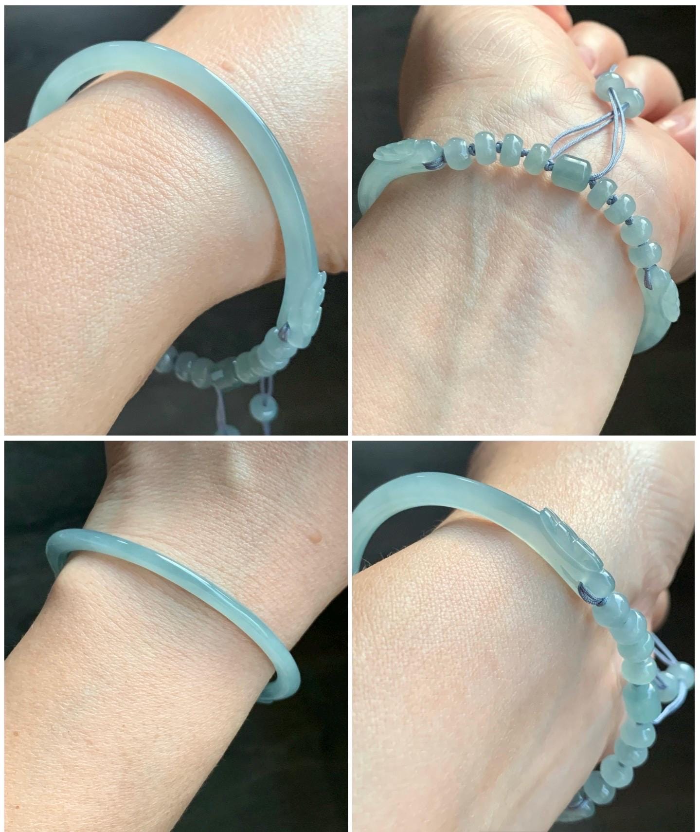 Natural Guatemalan Icy Highly Translucent Light Dusty Blue Jadeite Open Skinny Bangle Beaded Bracelet 56.7mm 7” 11g 天然冰危淡蓝翡翠开口镯手串 XTZ88