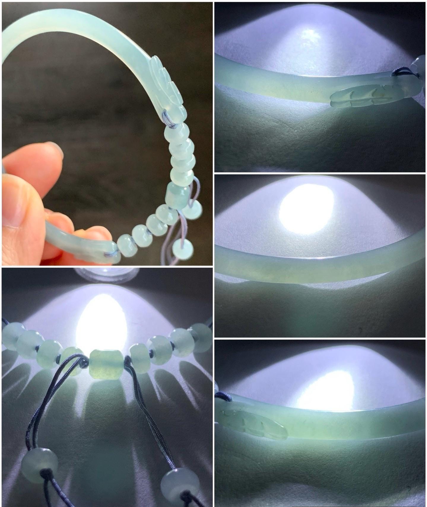 Natural Guatemalan Icy Highly Translucent Light Dusty Blue Jadeite Open Skinny Bangle Beaded Bracelet 56.7mm 7” 11g 天然冰危淡蓝翡翠开口镯手串 XTZ88