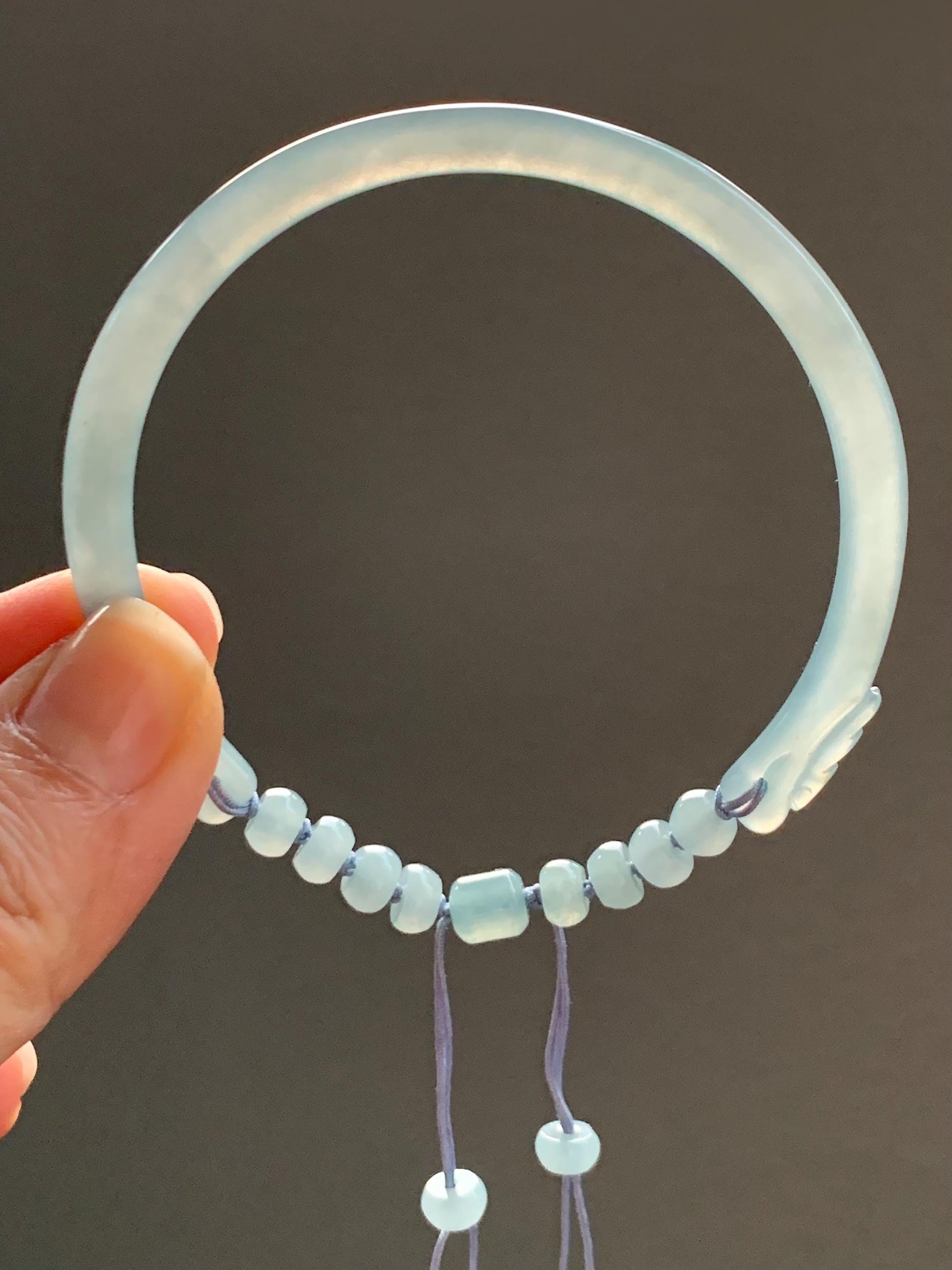 Natural Guatemalan Icy Highly Translucent Light Dusty Blue Jadeite Open Skinny Bangle Beaded Bracelet 56.7mm 7” 11g 天然冰危淡蓝翡翠开口镯手串 XTZ88