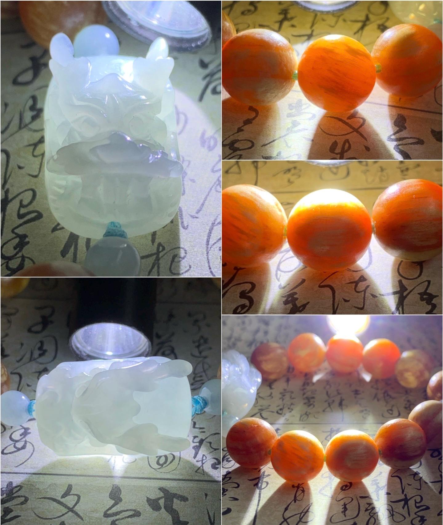 Natural Burmese Icy Translucent Gelatinous Light Blue Jadeite Dragon Head Fossilized Wood Beads Beaded Bracelet 12 mm 6.5” 天然缅甸冰淡蓝翡翠龙头琥珀木珠手串