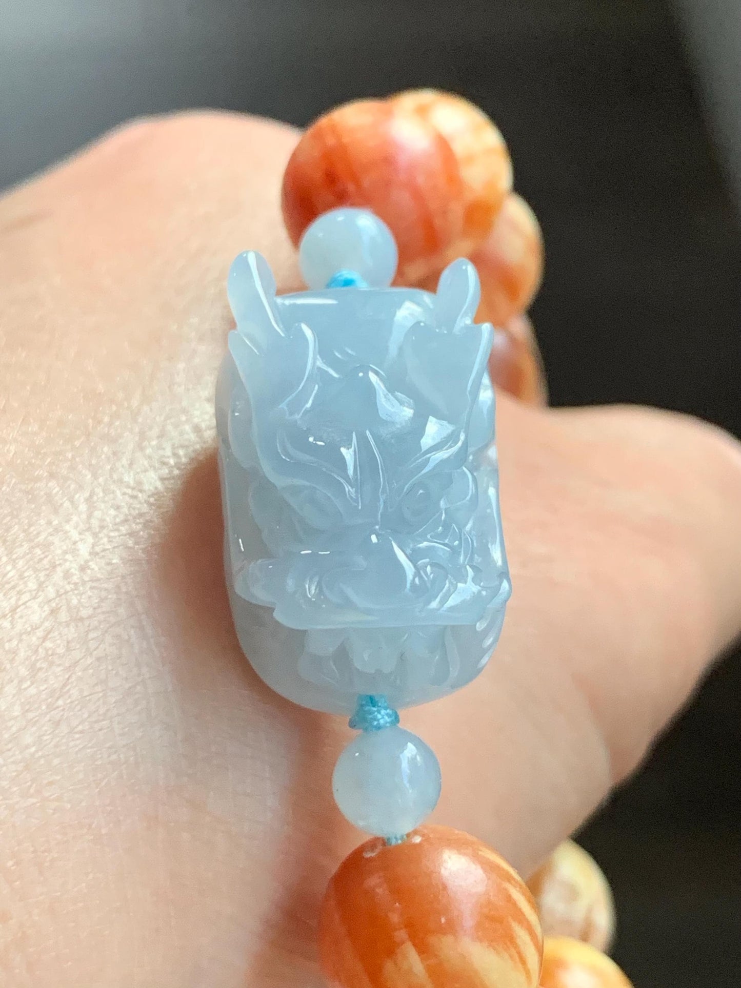 Natural Burmese Icy Translucent Gelatinous Light Blue Jadeite Dragon Head Fossilized Wood Beads Beaded Bracelet 12 mm 6.5” 天然缅甸冰淡蓝翡翠龙头琥珀木珠手串