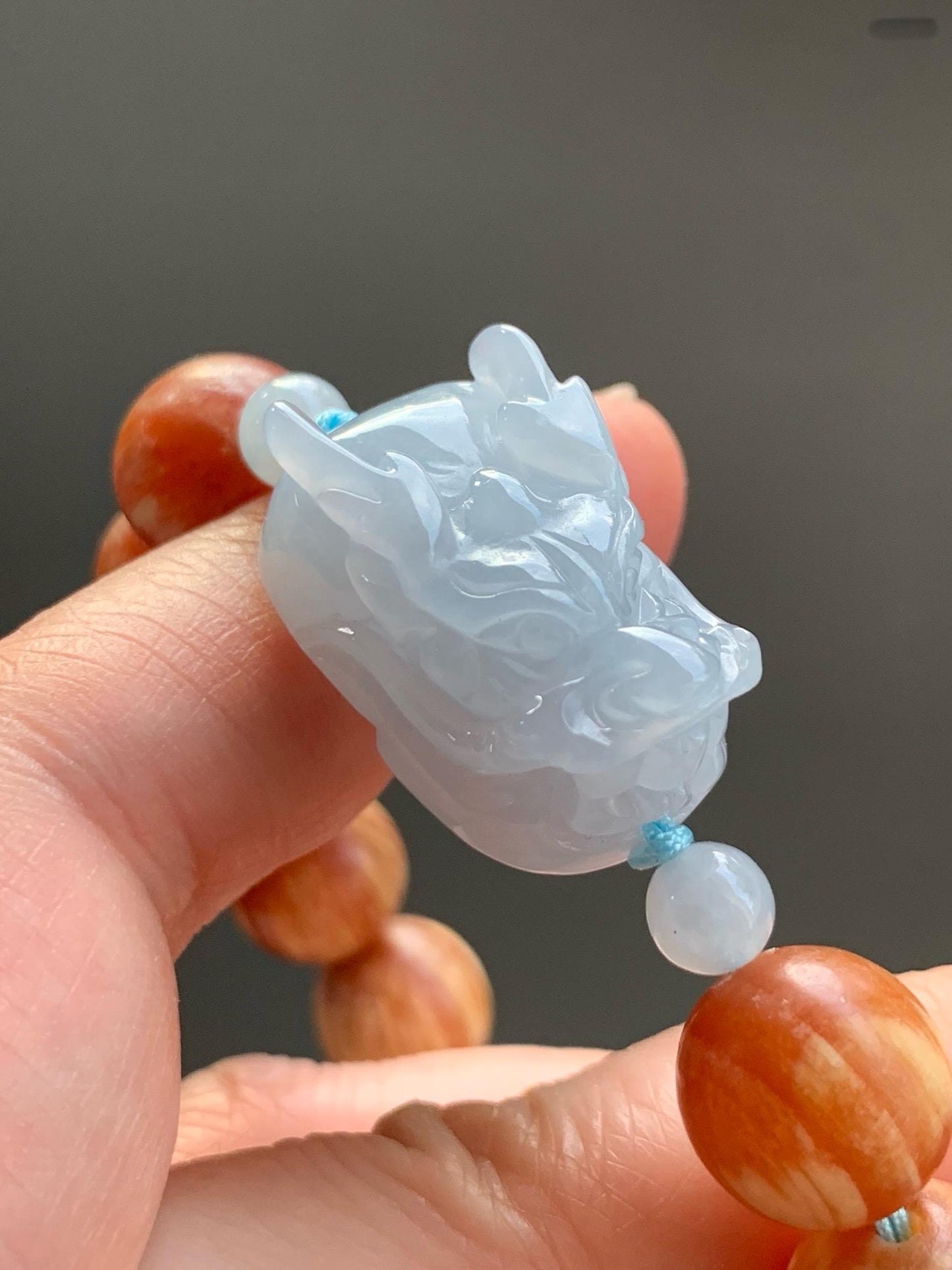 Natural Burmese Icy Translucent Gelatinous Light Blue Jadeite Dragon Head Fossilized Wood Beads Beaded Bracelet 12 mm 6.5” 天然缅甸冰淡蓝翡翠龙头琥珀木珠手串