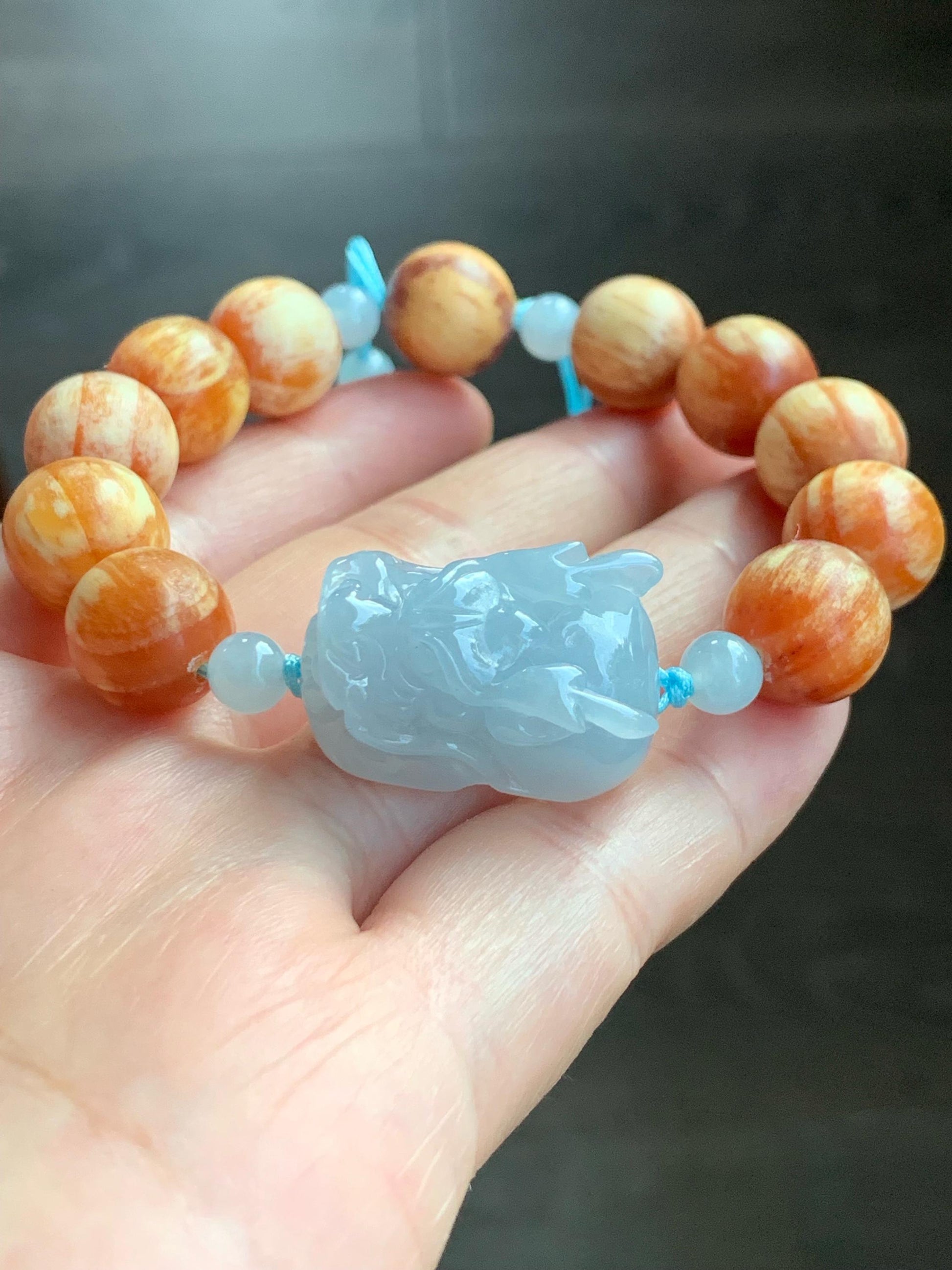 Natural Burmese Icy Translucent Gelatinous Light Blue Jadeite Dragon Head Fossilized Wood Beads Beaded Bracelet 12 mm 6.5” 天然缅甸冰淡蓝翡翠龙头琥珀木珠手串