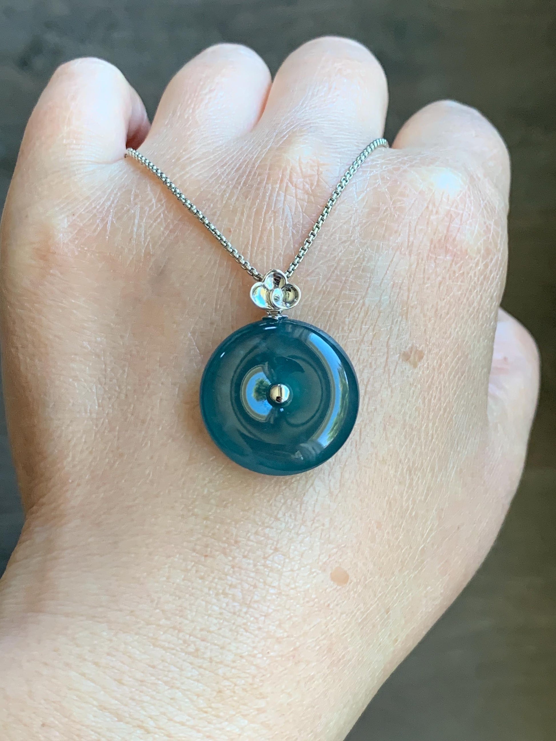 Certified Natural Guatemalan Icy Highly Translucent Dark Teal Blue Jadeite Ping An Kou Donut Pendant 18K White Gold 7.05g 天然冰危蓝平安扣镶嵌吊坠 8611