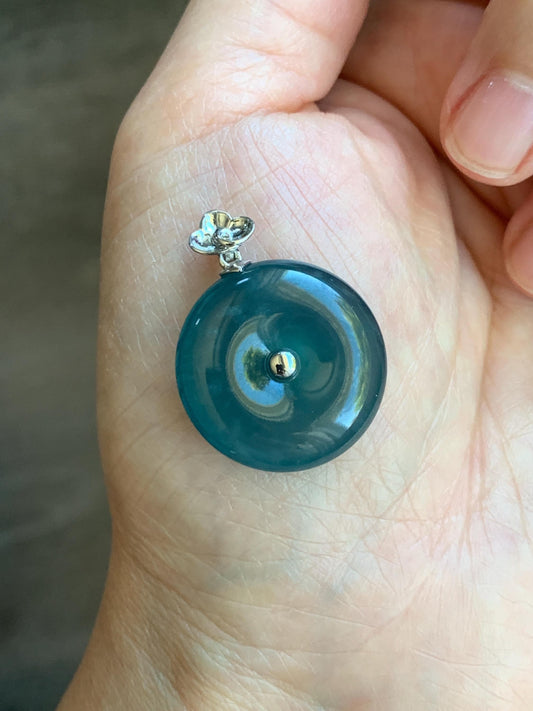 Certified Natural Guatemalan Icy Highly Translucent Dark Teal Blue Jadeite Ping An Kou Donut Pendant 18K White Gold 7.05g 天然冰危蓝平安扣镶嵌吊坠 8611