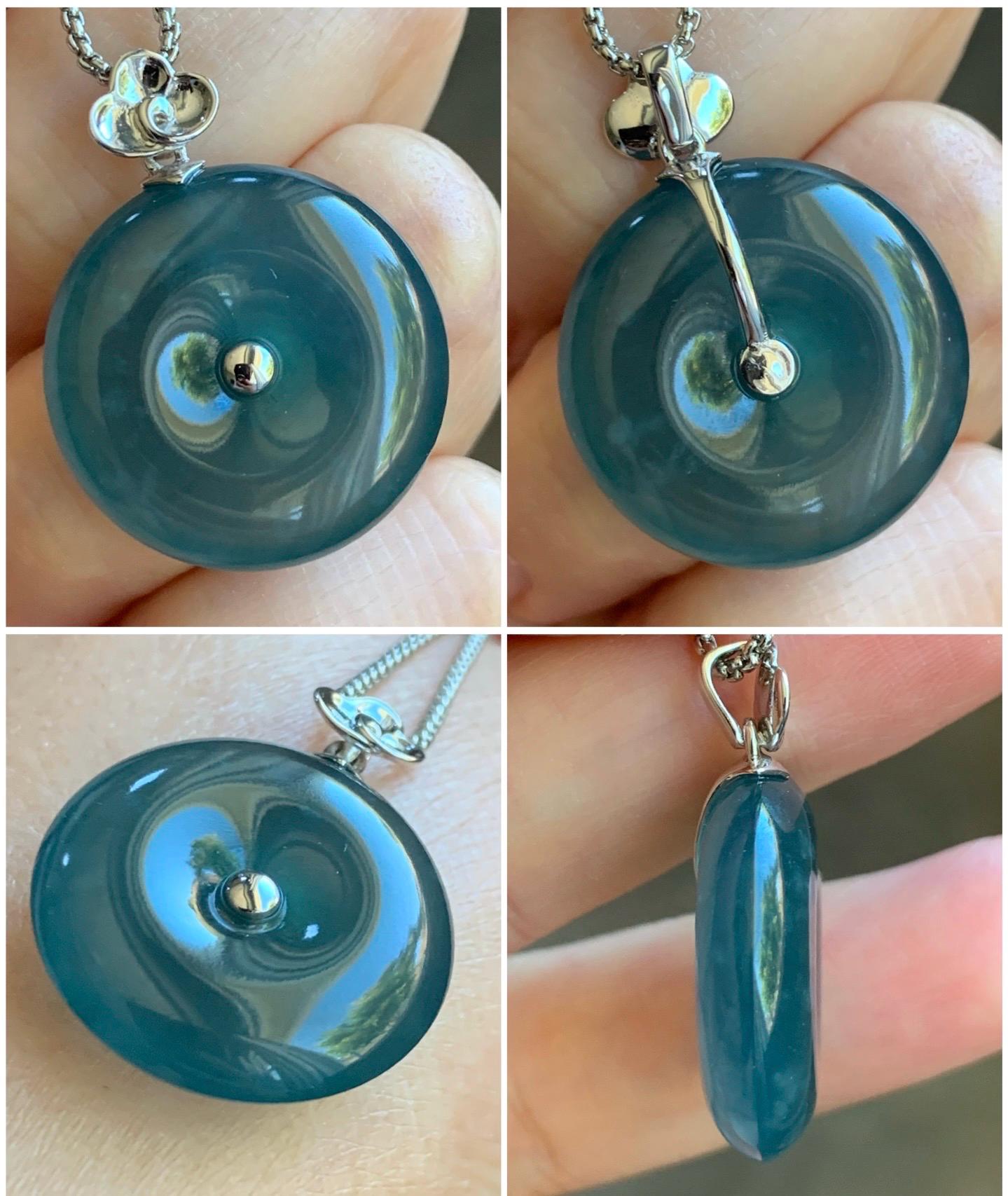Certified Natural Guatemalan Icy Highly Translucent Dark Teal Blue Jadeite Ping An Kou Donut Pendant 18K White Gold 7.05g 天然冰危蓝平安扣镶嵌吊坠 8611