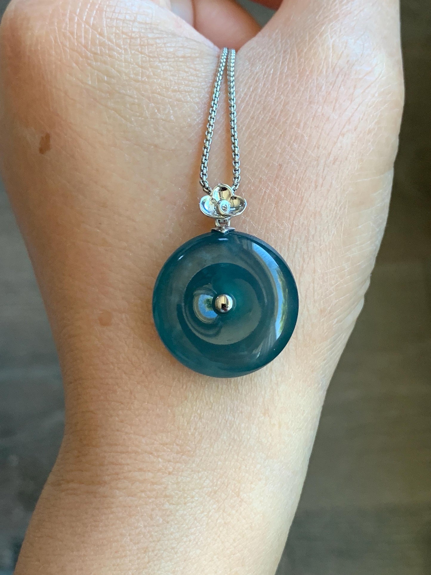 Certified Natural Guatemalan Icy Highly Translucent Dark Teal Blue Jadeite Ping An Kou Donut Pendant 18K White Gold 7.05g 天然冰危蓝平安扣镶嵌吊坠 8611
