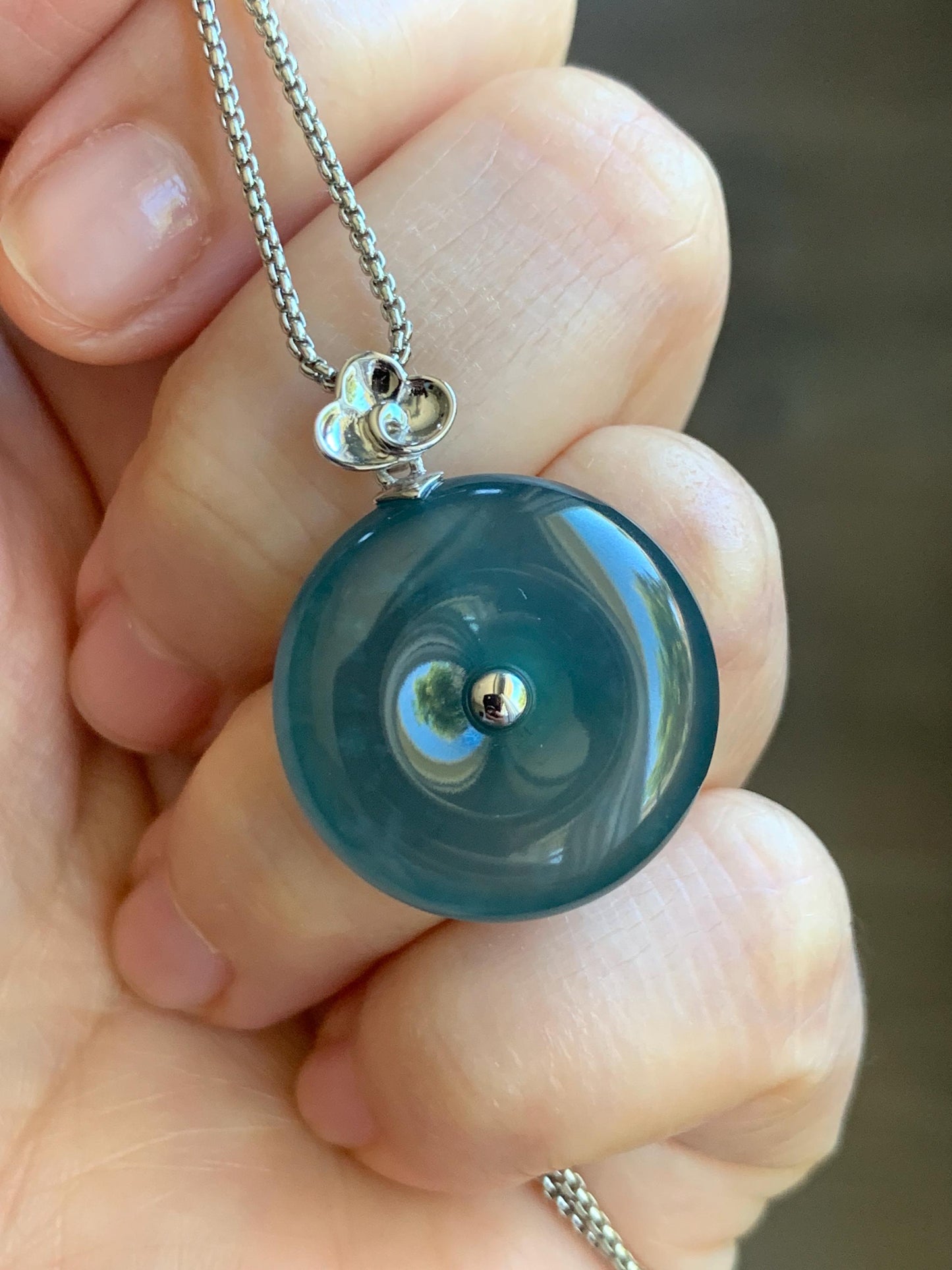 Certified Natural Guatemalan Icy Highly Translucent Dark Teal Blue Jadeite Ping An Kou Donut Pendant 18K White Gold 7.05g 天然冰危蓝平安扣镶嵌吊坠 8611