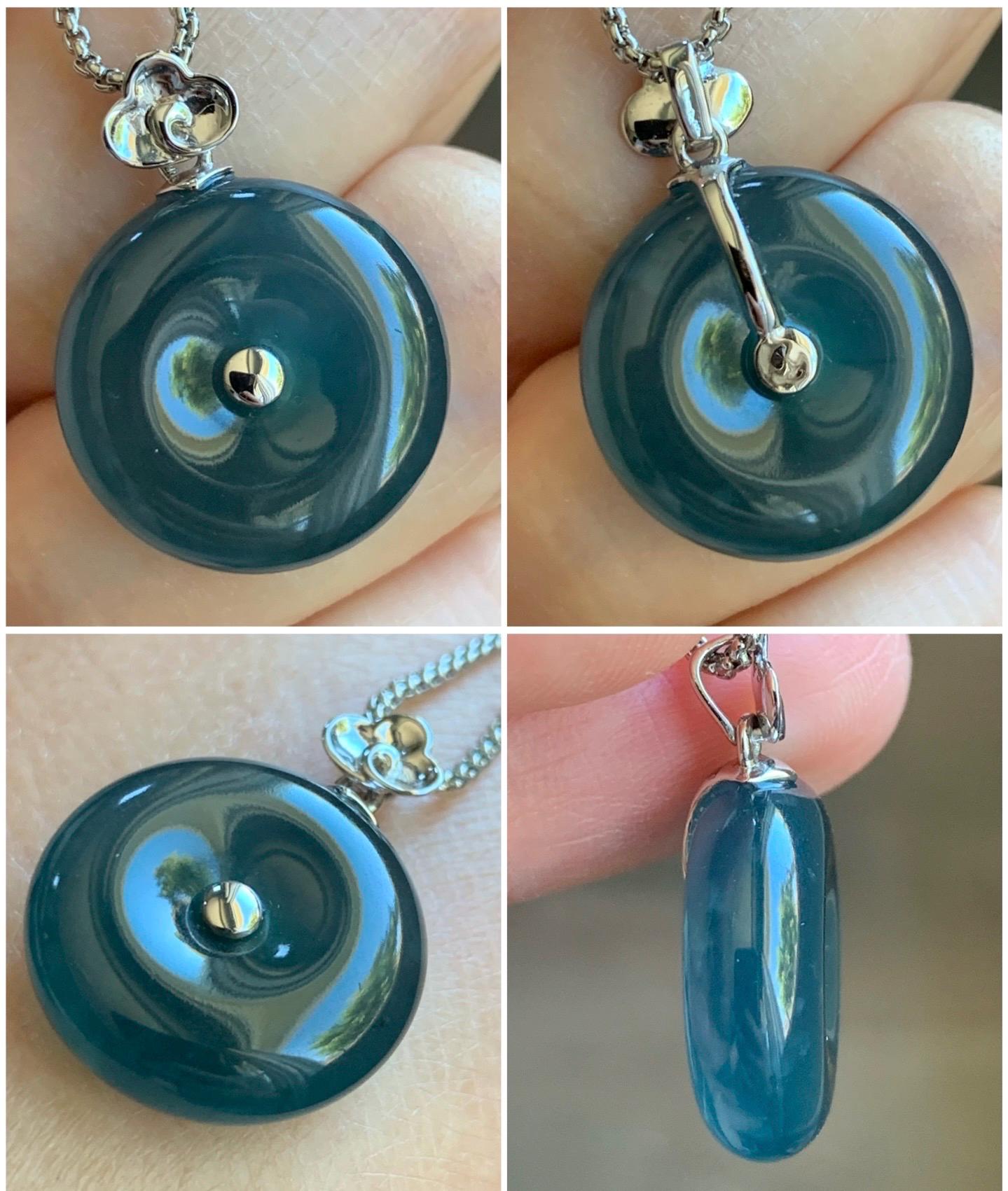 Certified Natural Guatemalan Icy Highly Translucent Dark Teal Blue Jadeite Ping An Kou Donut Pendant 18K White Gold 5.15g 天然冰危蓝平安扣镶嵌吊坠 8608