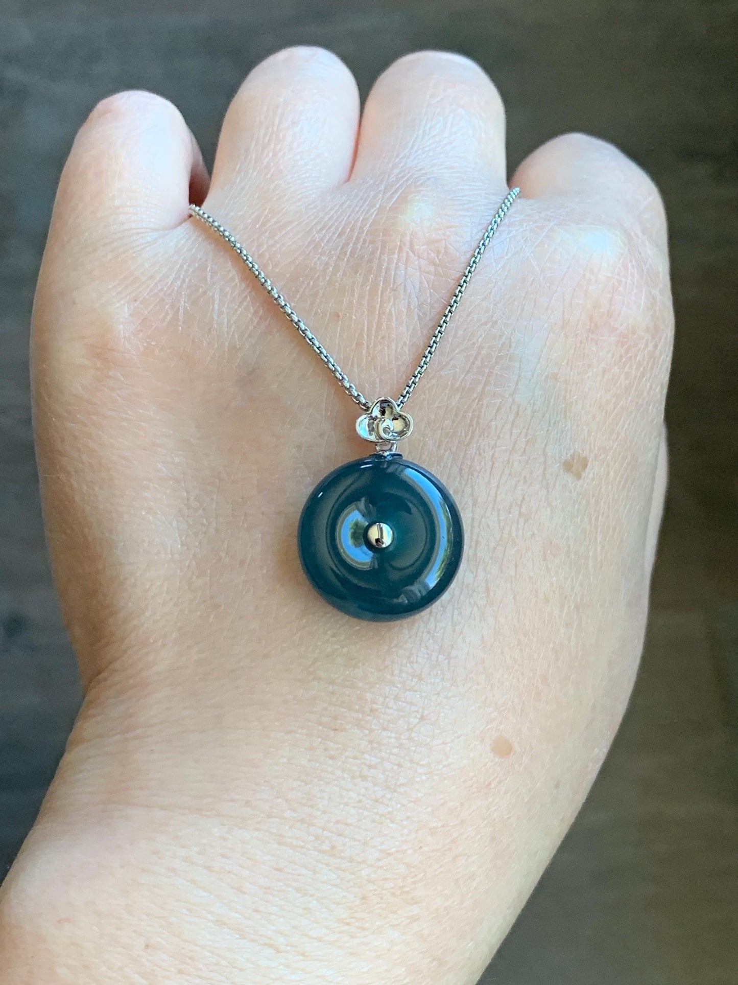 Certified Natural Guatemalan Icy Highly Translucent Dark Teal Blue Jadeite Ping An Kou Donut Pendant 18K White Gold 5.15g 天然冰危蓝平安扣镶嵌吊坠 8608