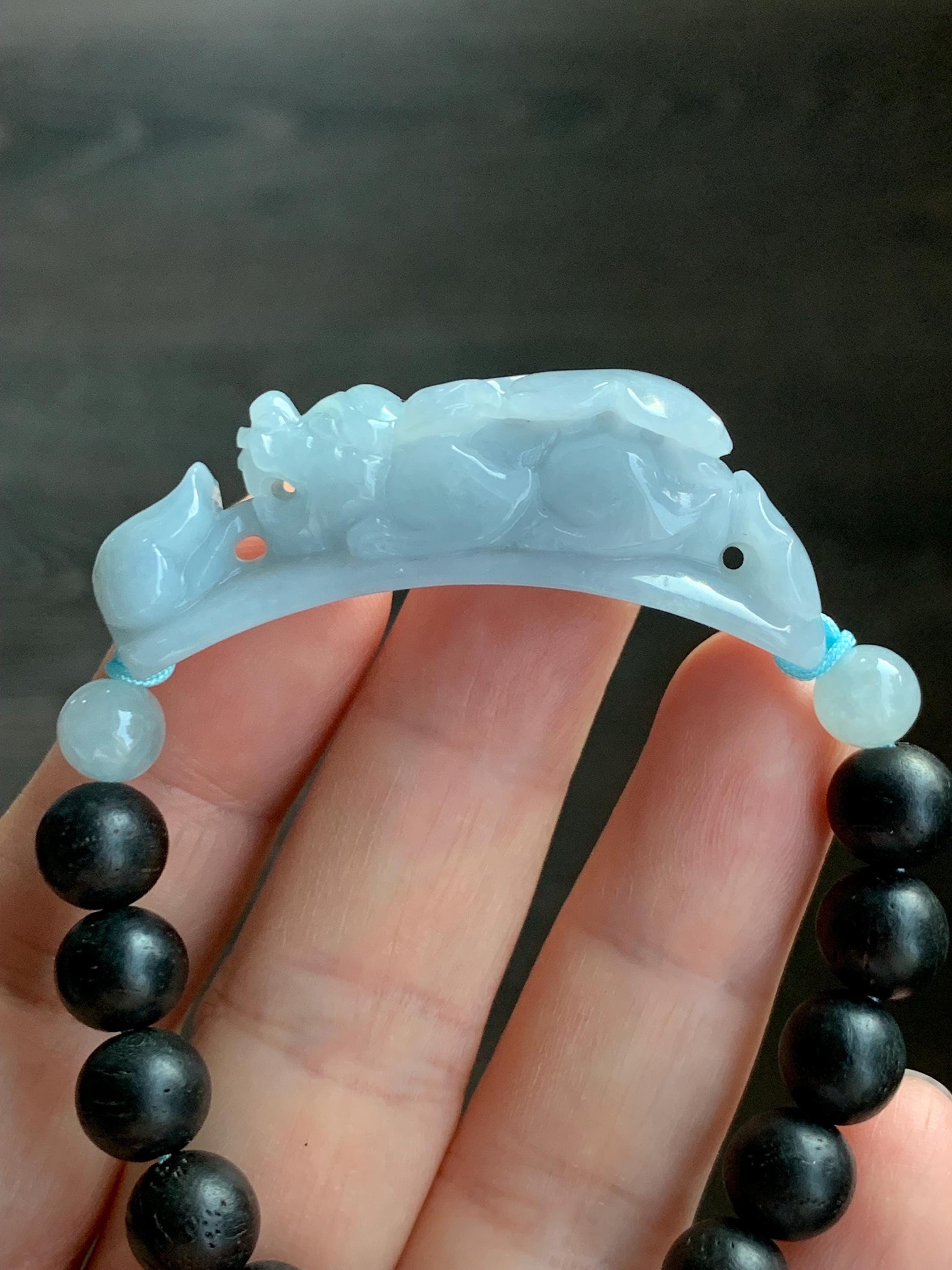 Natural Guatemalan Icy Translucent Light Blue Jadeite Carved Pixiu Ruyi Natural Wood Beads Beaded Bracelet 6.5” 25g 天然冰危淡蓝紫翡翠貔貅如意沉香木珠手串