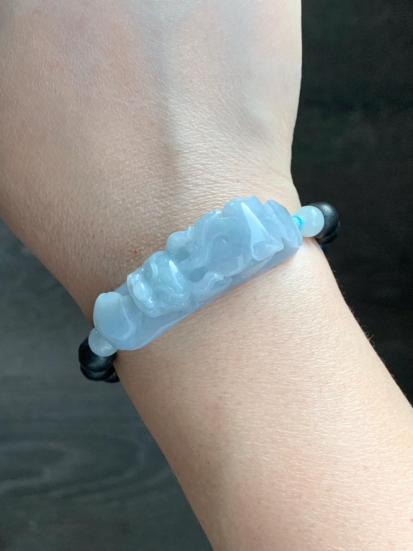 Natural Guatemalan Icy Translucent Light Blue Jadeite Carved Pixiu Ruyi Natural Wood Beads Beaded Bracelet 6.5” 25g 天然冰危淡蓝紫翡翠貔貅如意沉香木珠手串