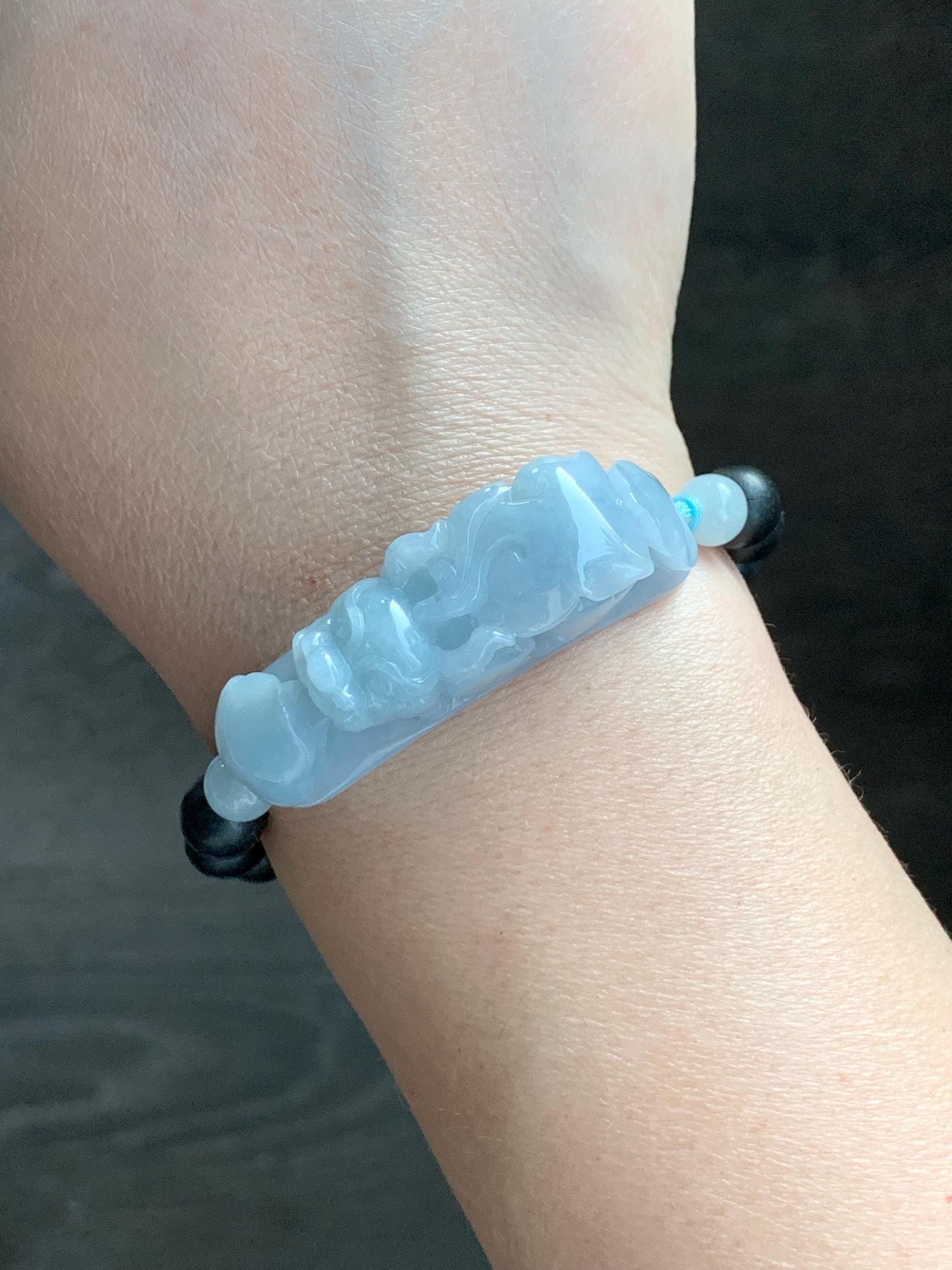 Natural Guatemalan Icy Translucent Light Blue Jadeite Carved Pixiu Ruyi Natural Wood Beads Beaded Bracelet 6.5” 25g 天然冰危淡蓝紫翡翠貔貅如意沉香木珠手串
