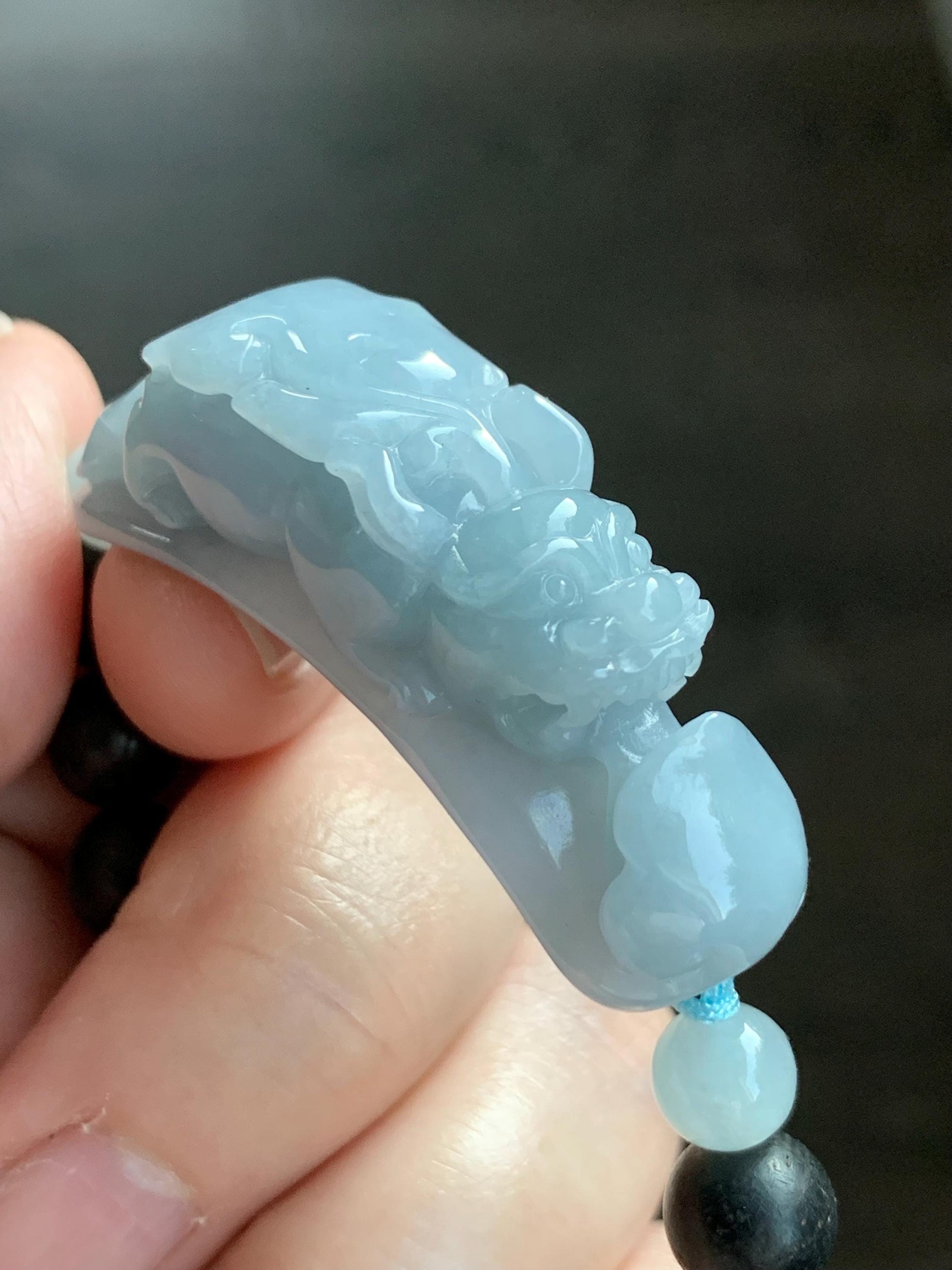 Natural Guatemalan Icy Translucent Light Blue Jadeite Carved Pixiu Ruyi Natural Wood Beads Beaded Bracelet 6.5” 25g 天然冰危淡蓝紫翡翠貔貅如意沉香木珠手串