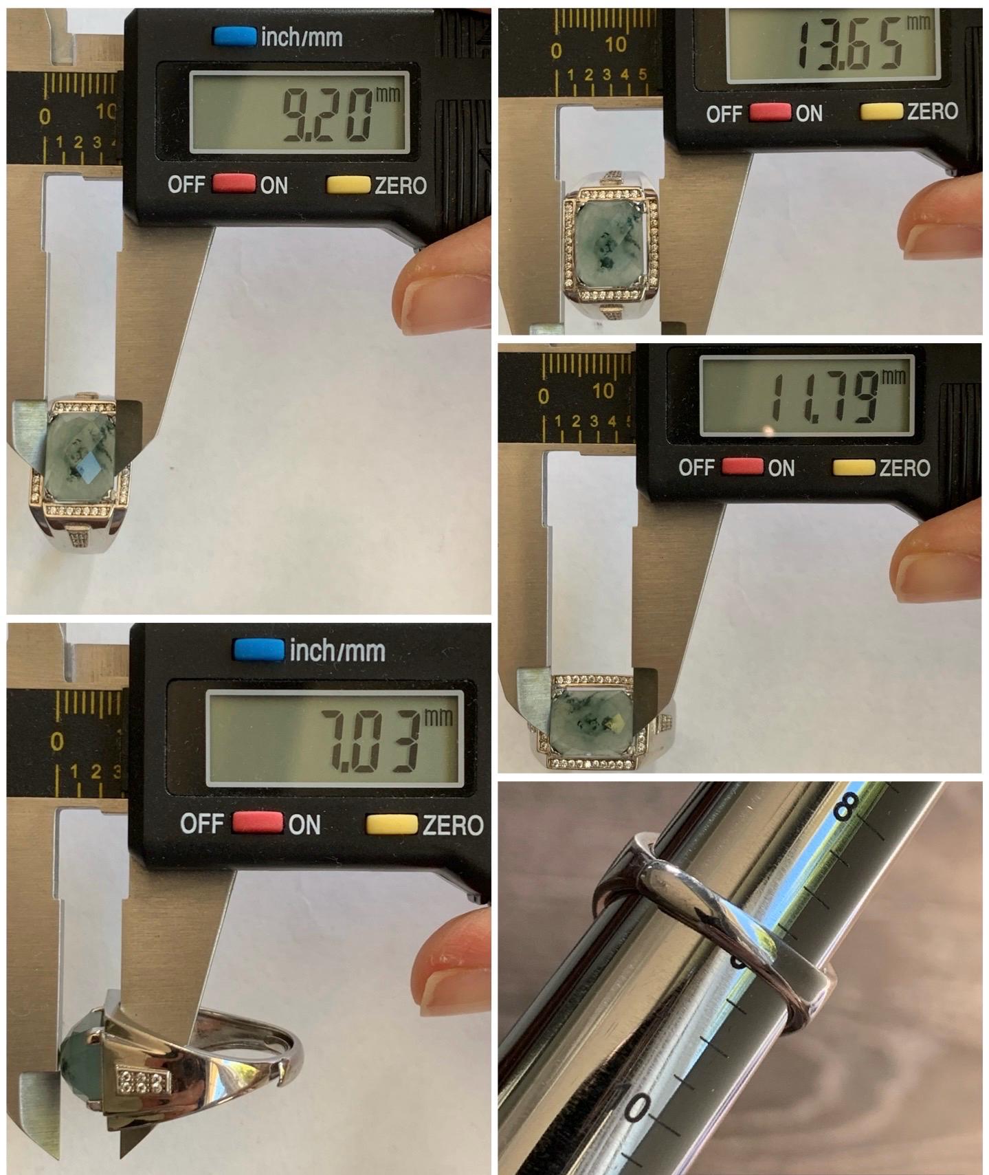 Natural Burmese Icy Translucent Gelatinous Faceted Dusty Green Faceted Jadeite Ring Sterling Silver Size 9 Adjustable 天然缅甸晴底飘花翡翠切割面银镶戒指 MQG