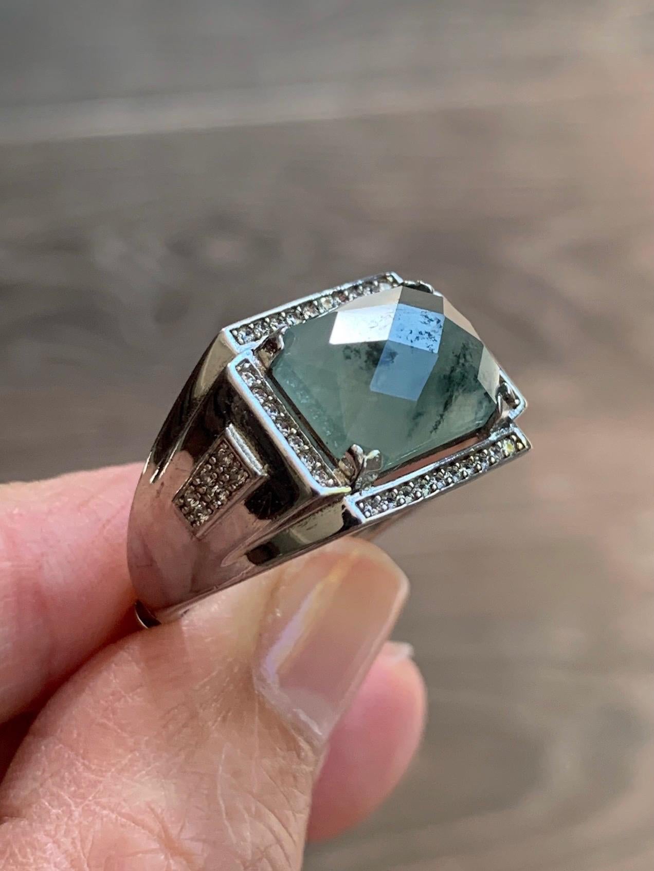 Natural Burmese Icy Translucent Gelatinous Faceted Dusty Green Faceted Jadeite Ring Sterling Silver Size 9 Adjustable 天然缅甸晴底飘花翡翠切割面银镶戒指 MQG
