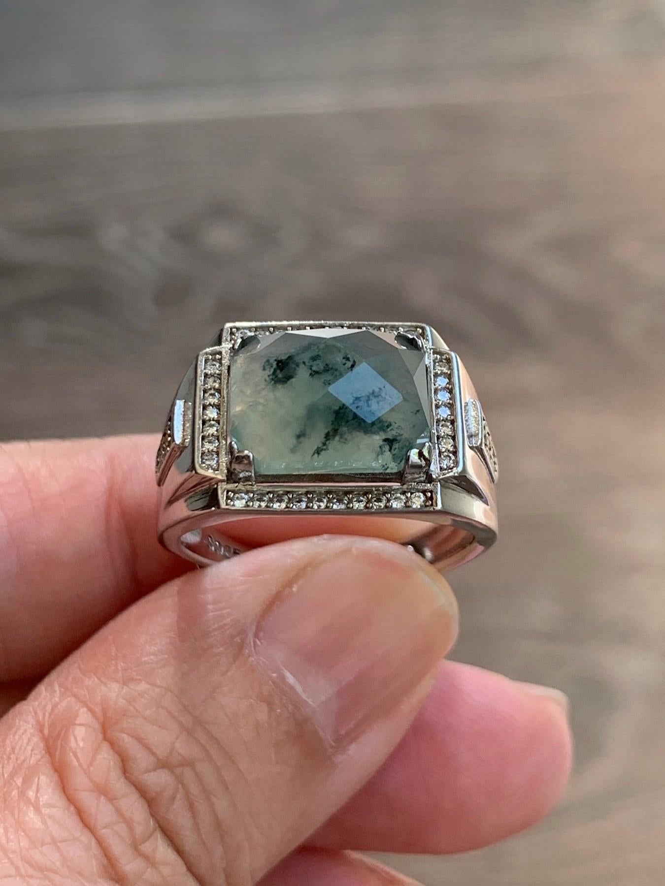 Natural Burmese Icy Translucent Gelatinous Faceted Dusty Green Faceted Jadeite Ring Sterling Silver Size 9 Adjustable 天然缅甸晴底飘花翡翠切割面银镶戒指 MQG