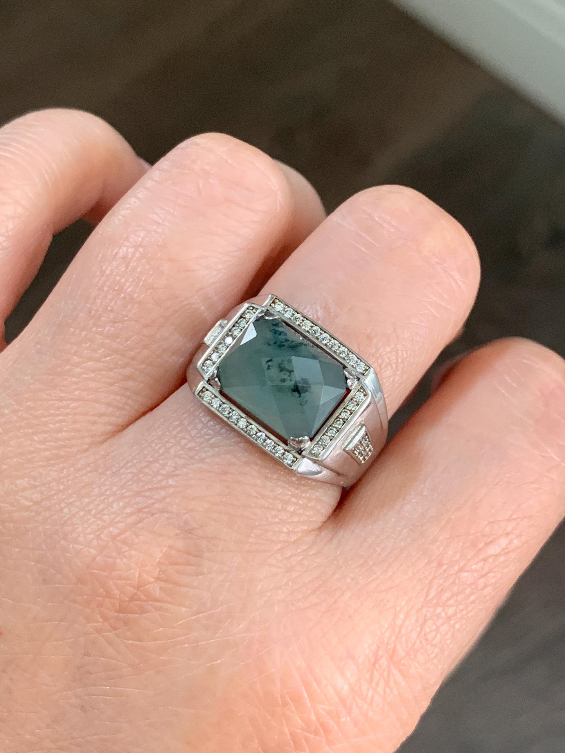 Natural Burmese Icy Translucent Gelatinous Faceted Dusty Green Faceted Jadeite Ring Sterling Silver Size 9 Adjustable 天然缅甸晴底飘花翡翠切割面银镶戒指 MQG