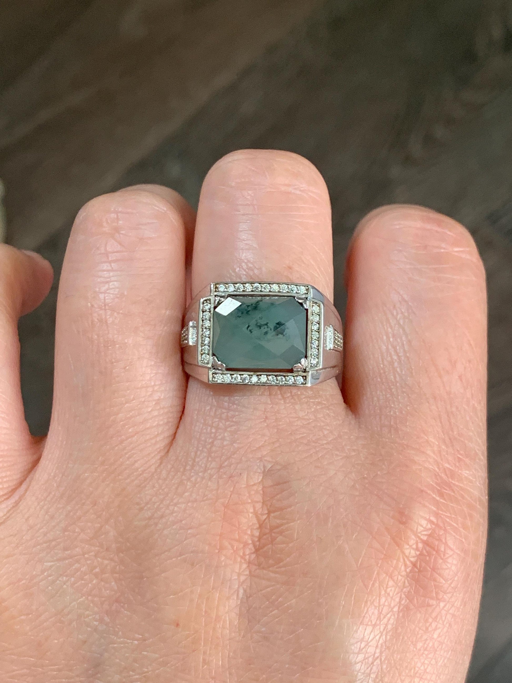 Natural Burmese Icy Translucent Gelatinous Faceted Dusty Green Faceted Jadeite Ring Sterling Silver Size 9 Adjustable 天然缅甸晴底飘花翡翠切割面银镶戒指 MQG