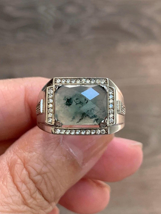 Natural Burmese Icy Translucent Gelatinous Faceted Dusty Green Faceted Jadeite Ring Sterling Silver Size 9 Adjustable 天然缅甸晴底飘花翡翠切割面银镶戒指 MQG