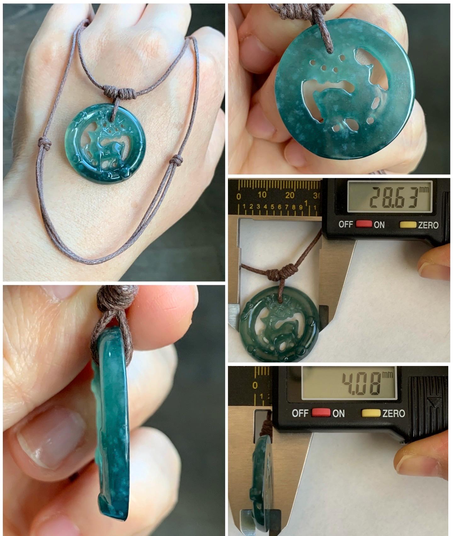 Natural Guatemalan Icy Highly Translucent Dark Teal Blue Jadeite Engraved Deer Pendant Rope Necklace Adjustable 25” 5g 天然危深蓝水飘花翡翠梅花鹿吊坠