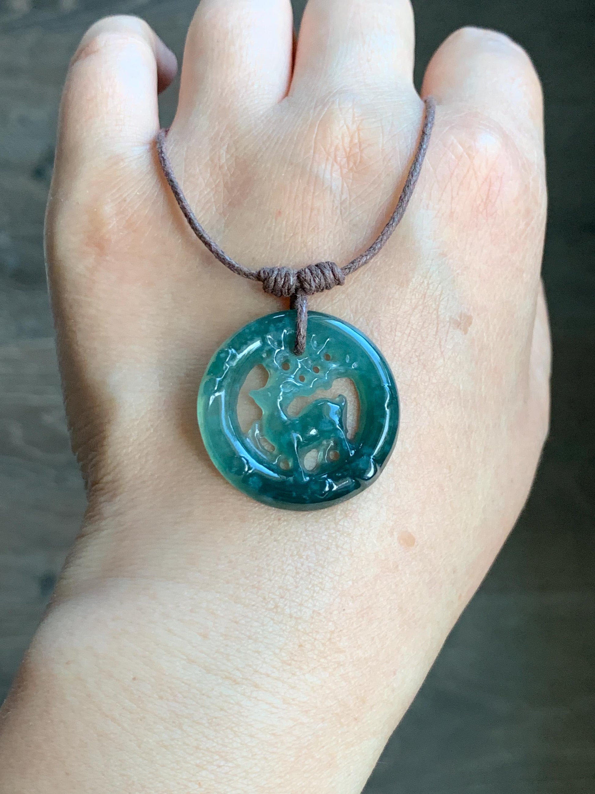 Natural Guatemalan Icy Highly Translucent Dark Teal Blue Jadeite Engraved Deer Pendant Rope Necklace Adjustable 25” 5g 天然危深蓝水飘花翡翠梅花鹿吊坠