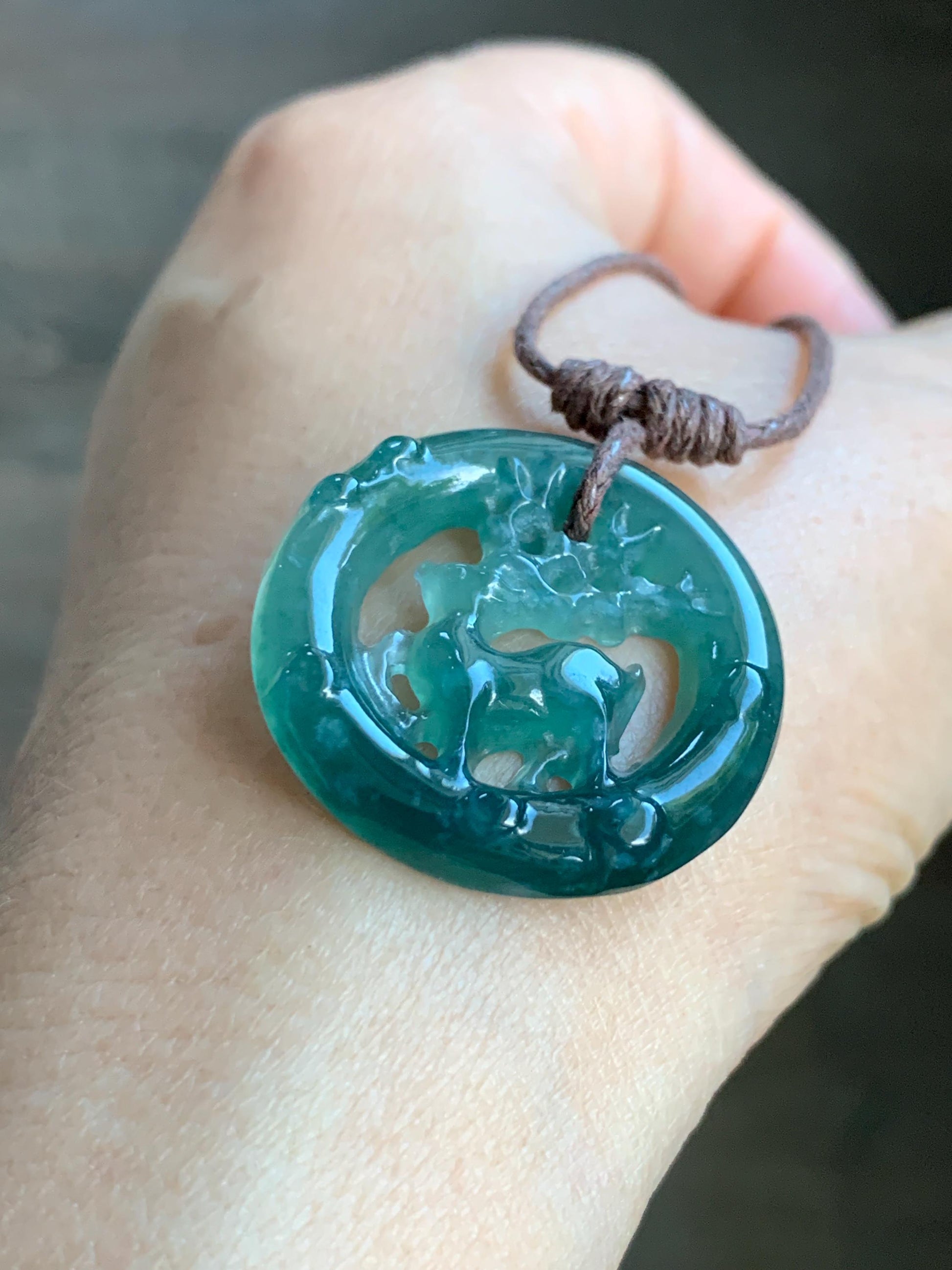 Natural Guatemalan Icy Highly Translucent Dark Teal Blue Jadeite Engraved Deer Pendant Rope Necklace Adjustable 25” 5g 天然危深蓝水飘花翡翠梅花鹿吊坠