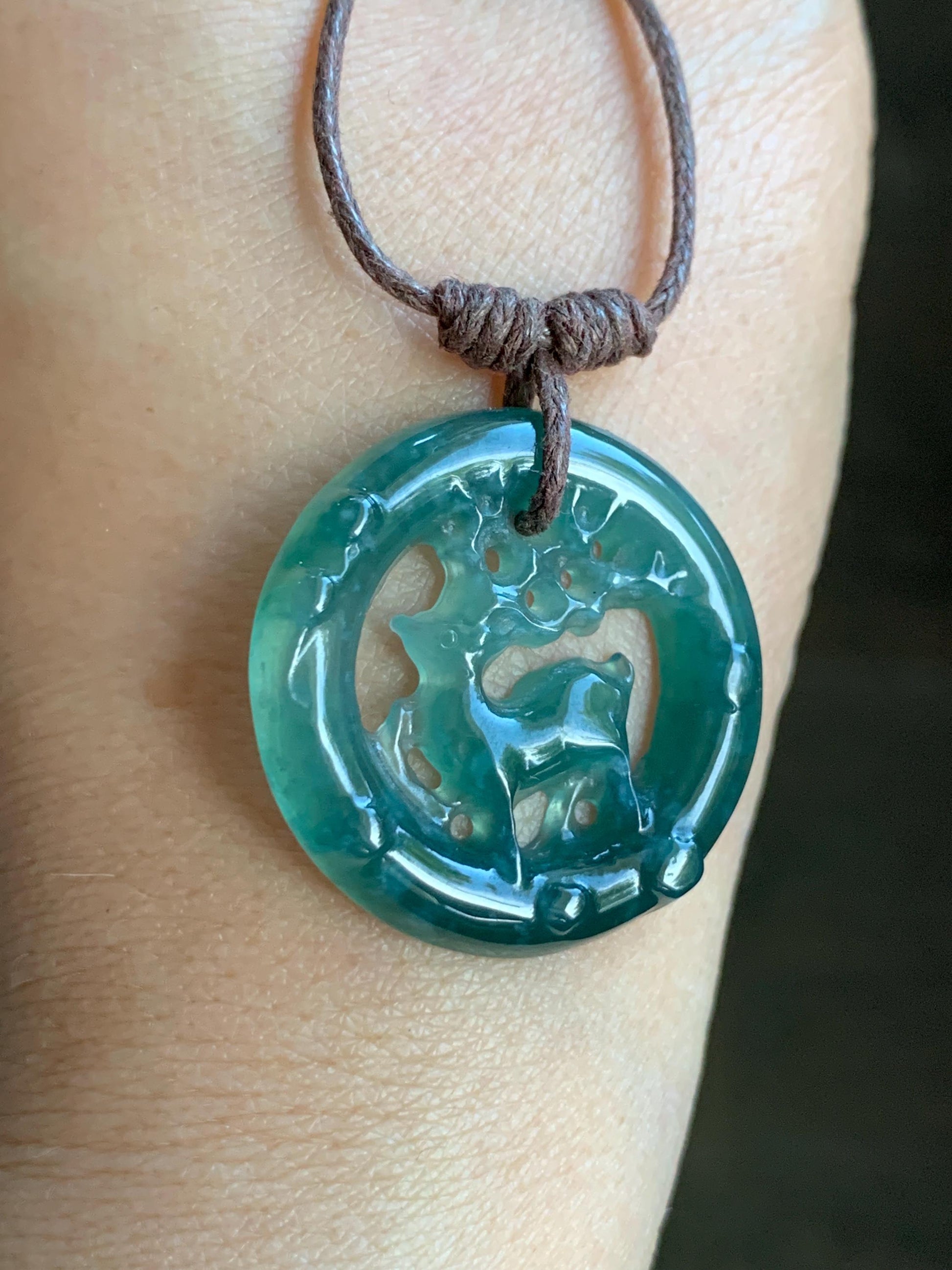 Natural Guatemalan Icy Highly Translucent Dark Teal Blue Jadeite Engraved Deer Pendant Rope Necklace Adjustable 25” 5g 天然危深蓝水飘花翡翠梅花鹿吊坠