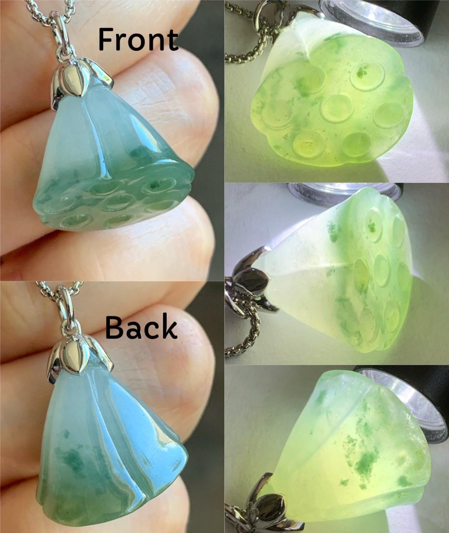 Certified Natural Burmese Icy Translucent Gelatinous Light Green Marbled Jadeite Lotus Pod Pendant 18K White Gold 天然缅甸冰胶晴底飘花翡翠莲蓬镶嵌吊坠 8615