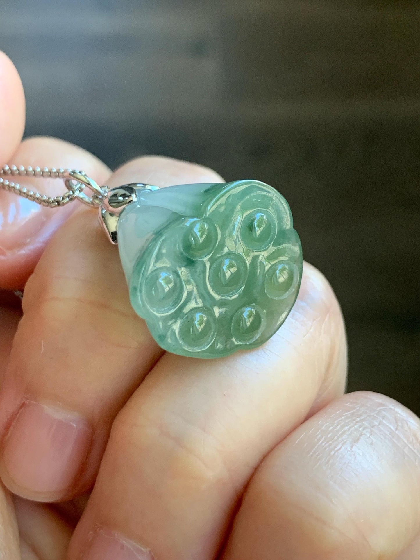 Certified Natural Burmese Icy Translucent Gelatinous Light Green Marbled Jadeite Lotus Pod Pendant 18K White Gold 天然缅甸冰胶晴底飘花翡翠莲蓬镶嵌吊坠 8615
