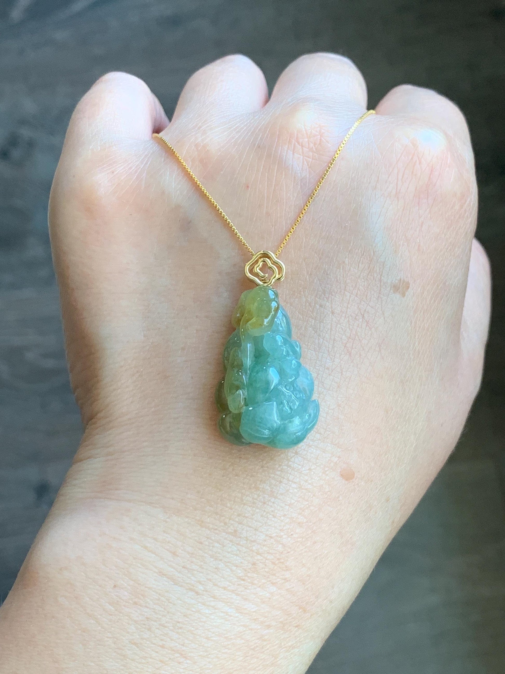 Certified Natural Burmese Icy Translucent Light Green Yellow Bicolored Jadeite Lotus Flower Ruyi Pendant 18K Yellow Gold 天然缅甸冰晴加黄翡翠莲花如意镶嵌吊坠