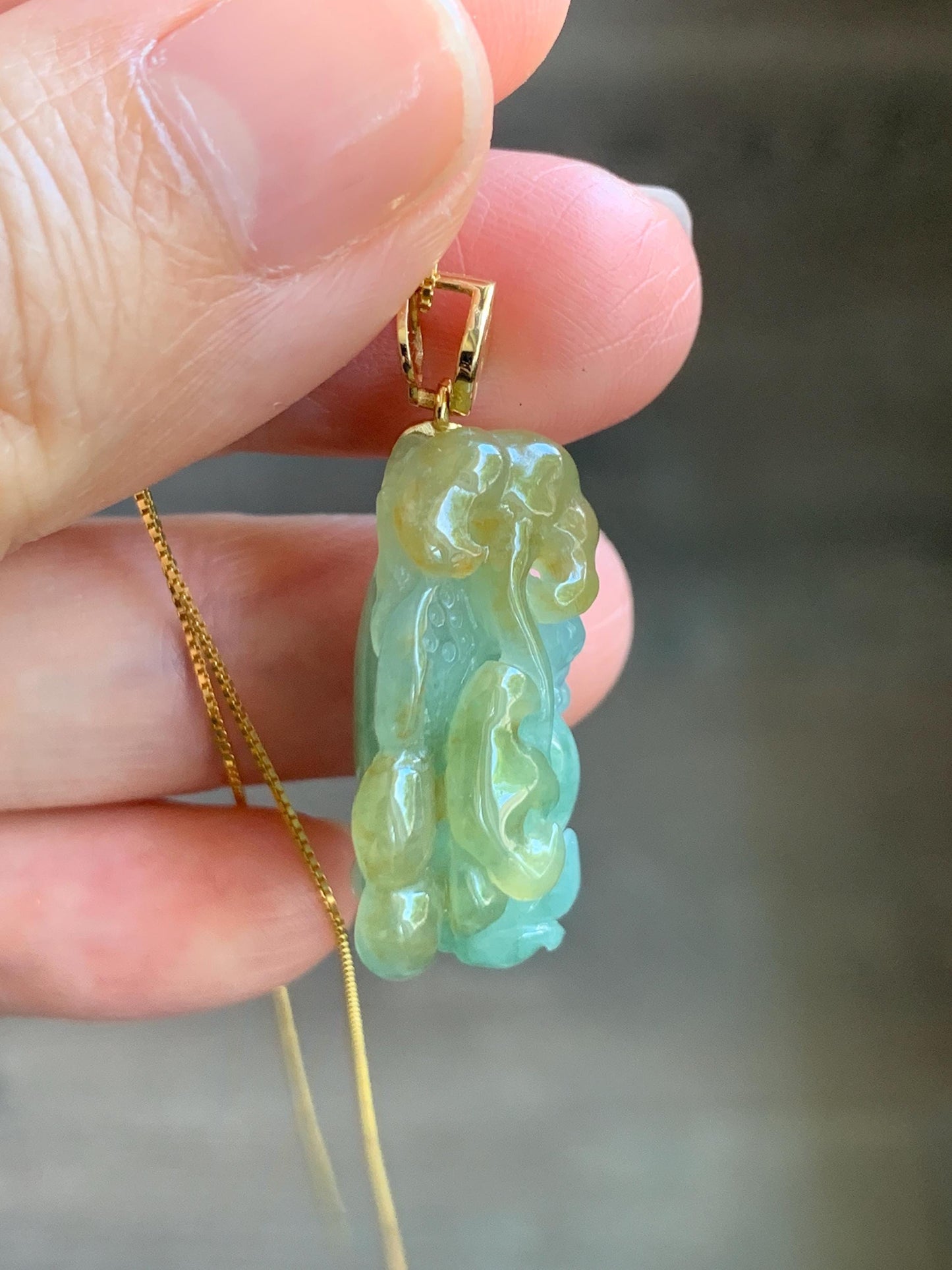 Certified Natural Burmese Icy Translucent Light Green Yellow Bicolored Jadeite Lotus Flower Ruyi Pendant 18K Yellow Gold 天然缅甸冰晴加黄翡翠莲花如意镶嵌吊坠