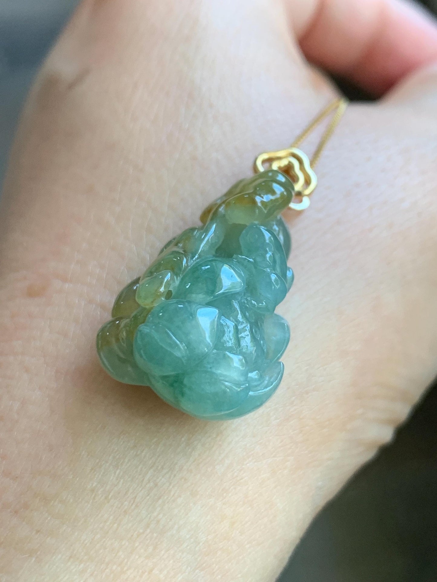 Certified Natural Burmese Icy Translucent Light Green Yellow Bicolored Jadeite Lotus Flower Ruyi Pendant 18K Yellow Gold 天然缅甸冰晴加黄翡翠莲花如意镶嵌吊坠