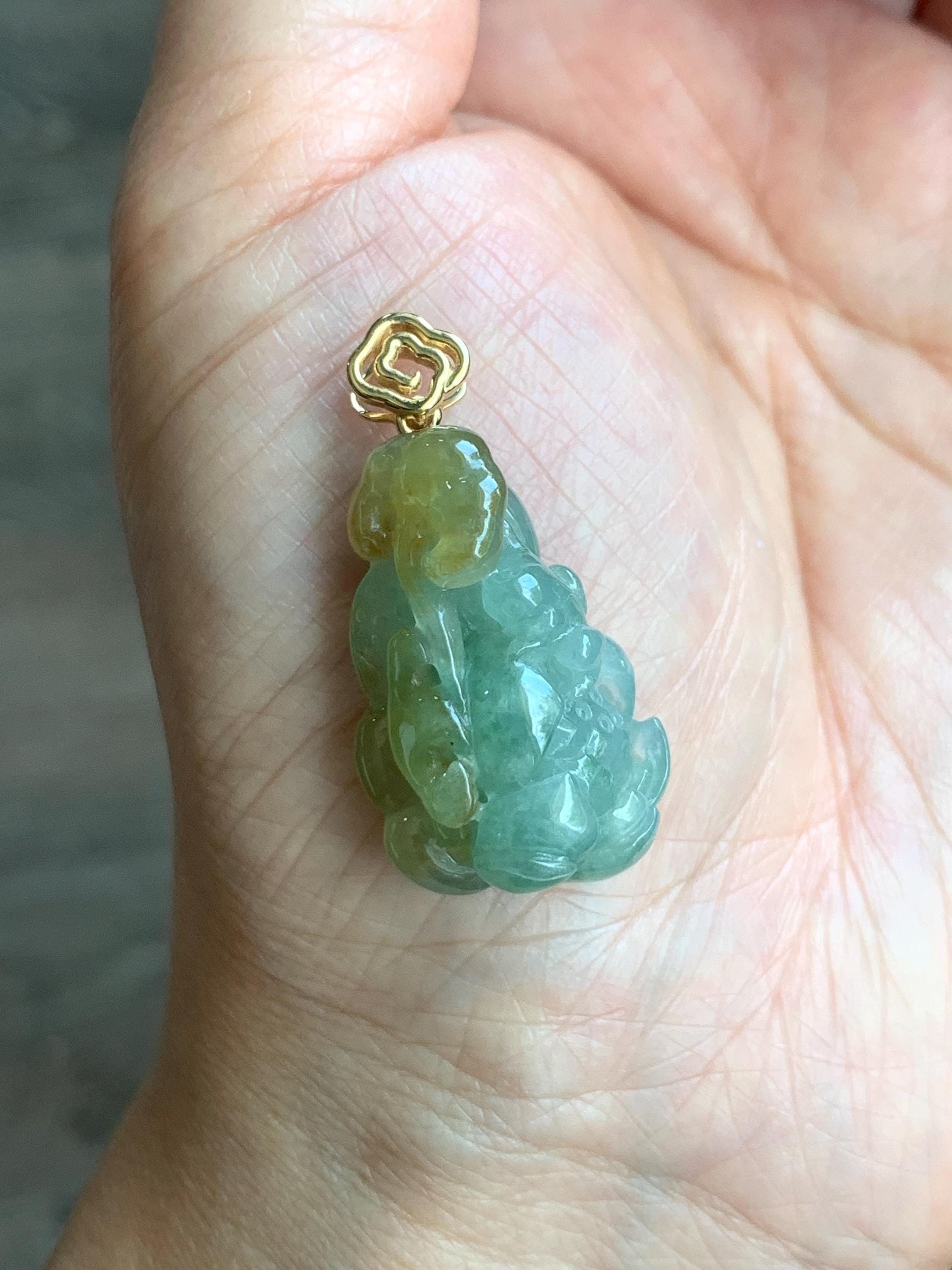 Certified Natural Burmese Icy Translucent Light Green Yellow Bicolored Jadeite Lotus Flower Ruyi Pendant 18K Yellow Gold 天然缅甸冰晴加黄翡翠莲花如意镶嵌吊坠