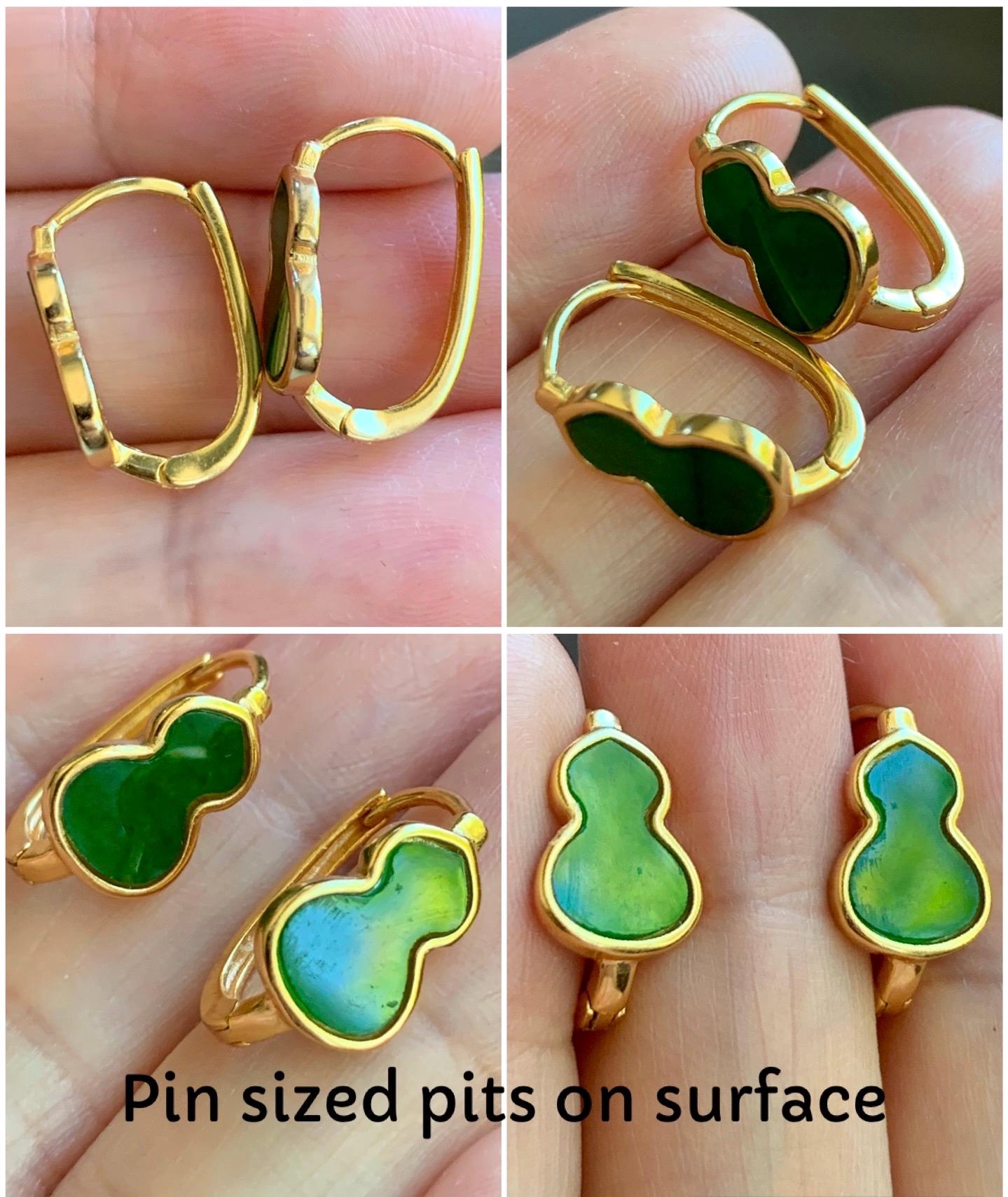 Certified Natural Burmese Vibrant Green Jadeite Gourd Hulu Huggie Hoop Earrings S925 Sterling Silver Yellow Gold Overlay 天然缅甸阳绿花青翡翠银镶耳包 6886