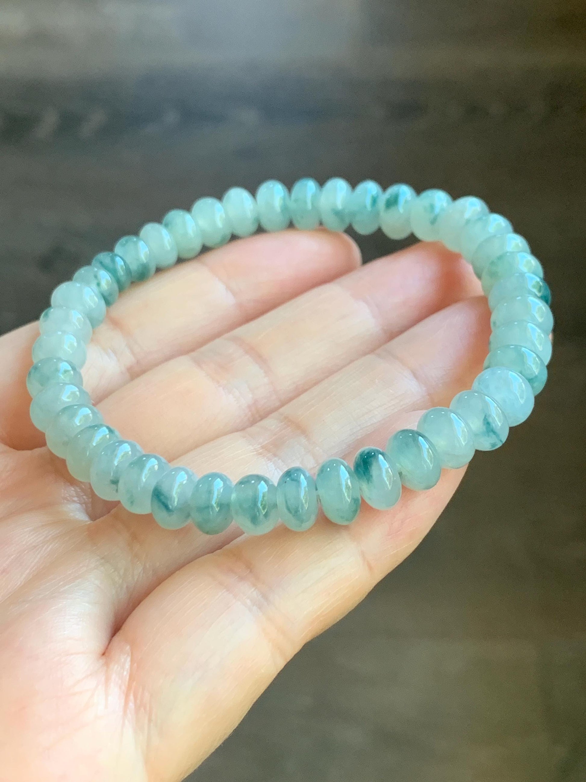 Natural Burmese Icy Highly Translucent Light Green Teal Blue Marbled Jadeite Drum Beads Beaded Bracelet 7” 19g 天然缅甸冰胶晴色飘花翡翠鼓珠手串 GPH717