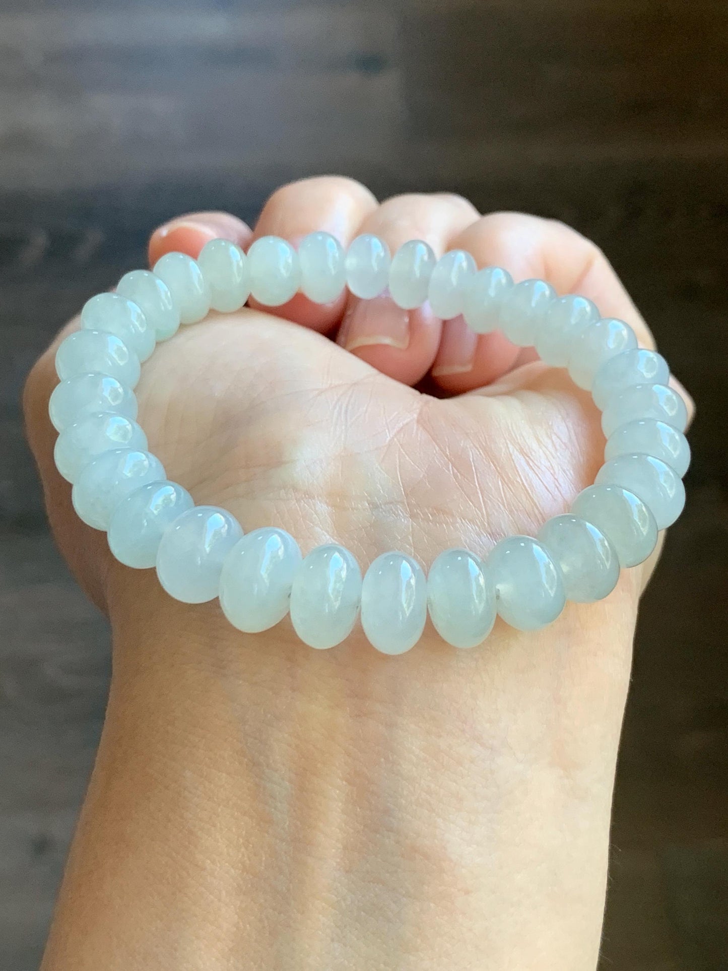 Large Natural Burmese Icy Highly Translucent Light Beige Jadeite Drum Beads Beaded Bracelet Stretchy 6.75” 30g 天然缅甸淡冰糖底翡翠大鼓珠手串 BBT717