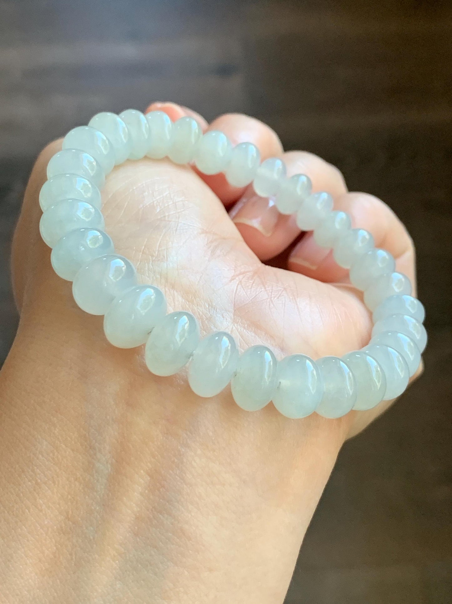 Large Natural Burmese Icy Highly Translucent Light Beige Jadeite Drum Beads Beaded Bracelet Stretchy 6.75” 30g 天然缅甸淡冰糖底翡翠大鼓珠手串 BBT717