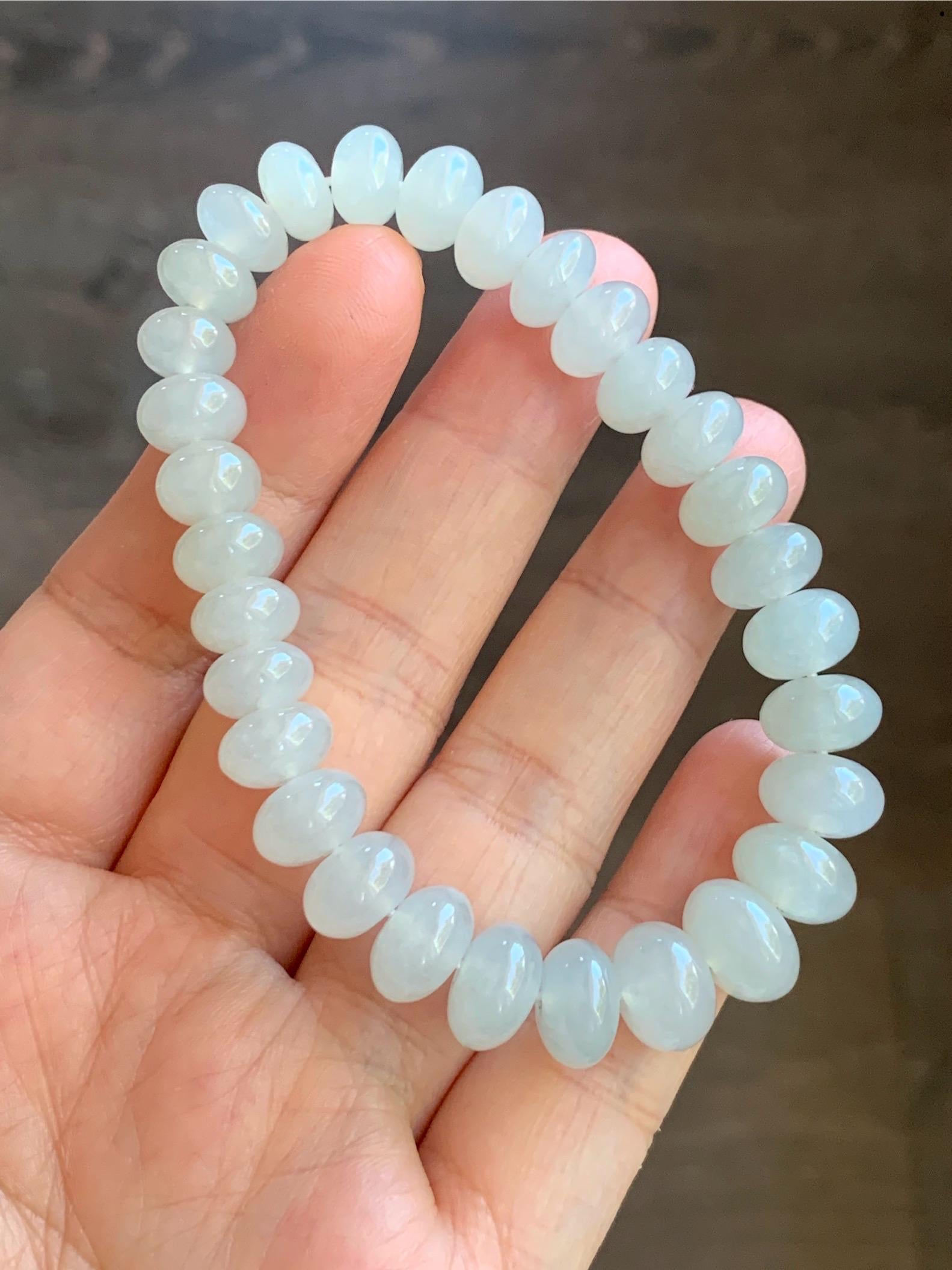 Large Natural Burmese Icy Highly Translucent Light Beige Jadeite Drum Beads Beaded Bracelet Stretchy 6.75” 30g 天然缅甸淡冰糖底翡翠大鼓珠手串 BBT717