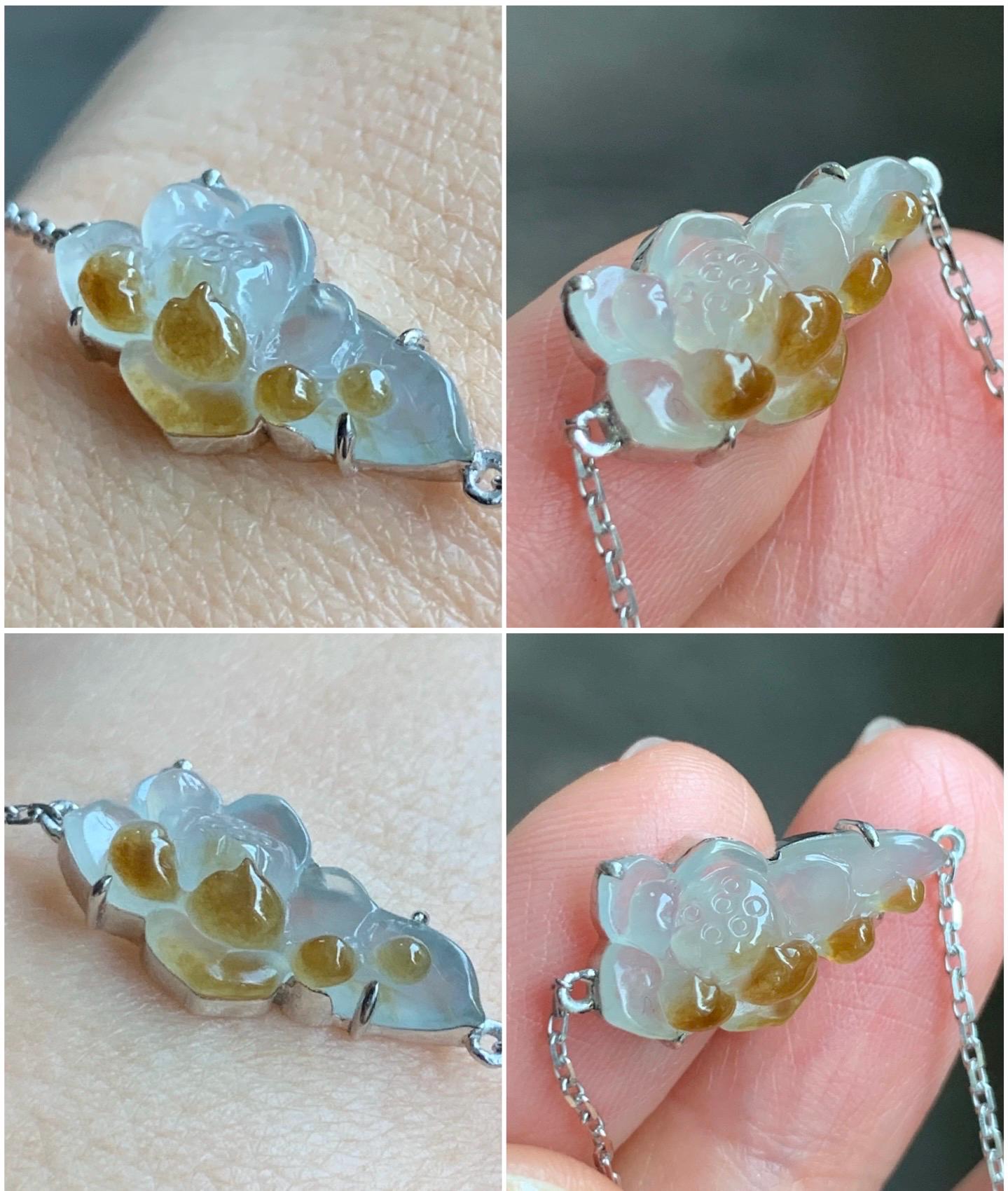 Certified Natural Burmese Icy Highly Translucent White Golden Yellow Marbled Jadeite Lotus Flower Bracelet 18K White Gold 天然缅甸白冰撒金翡翠莲花镶嵌手链