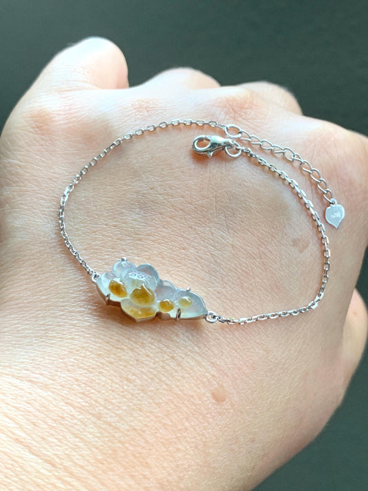 Certified Natural Burmese Icy Highly Translucent White Golden Yellow Marbled Jadeite Lotus Flower Bracelet 18K White Gold 天然缅甸白冰撒金翡翠莲花镶嵌手链