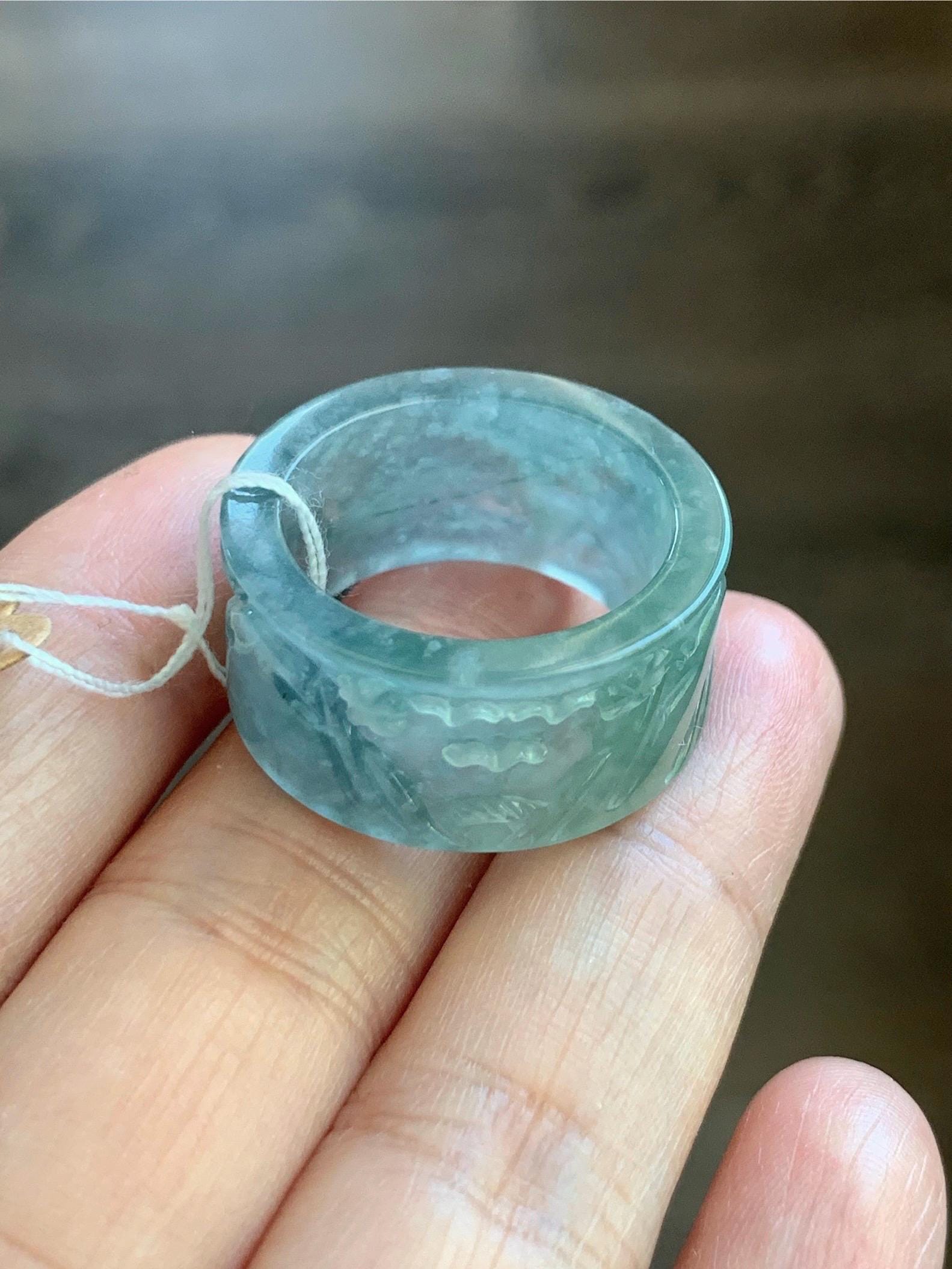 Certified Natural Guatemalan Icy Highly Translucent Dusty Teal Blue Marbled Jadeite Engraved Band Ring Size 10 天然冰危飘蓝花翡翠山水戒圈 6915