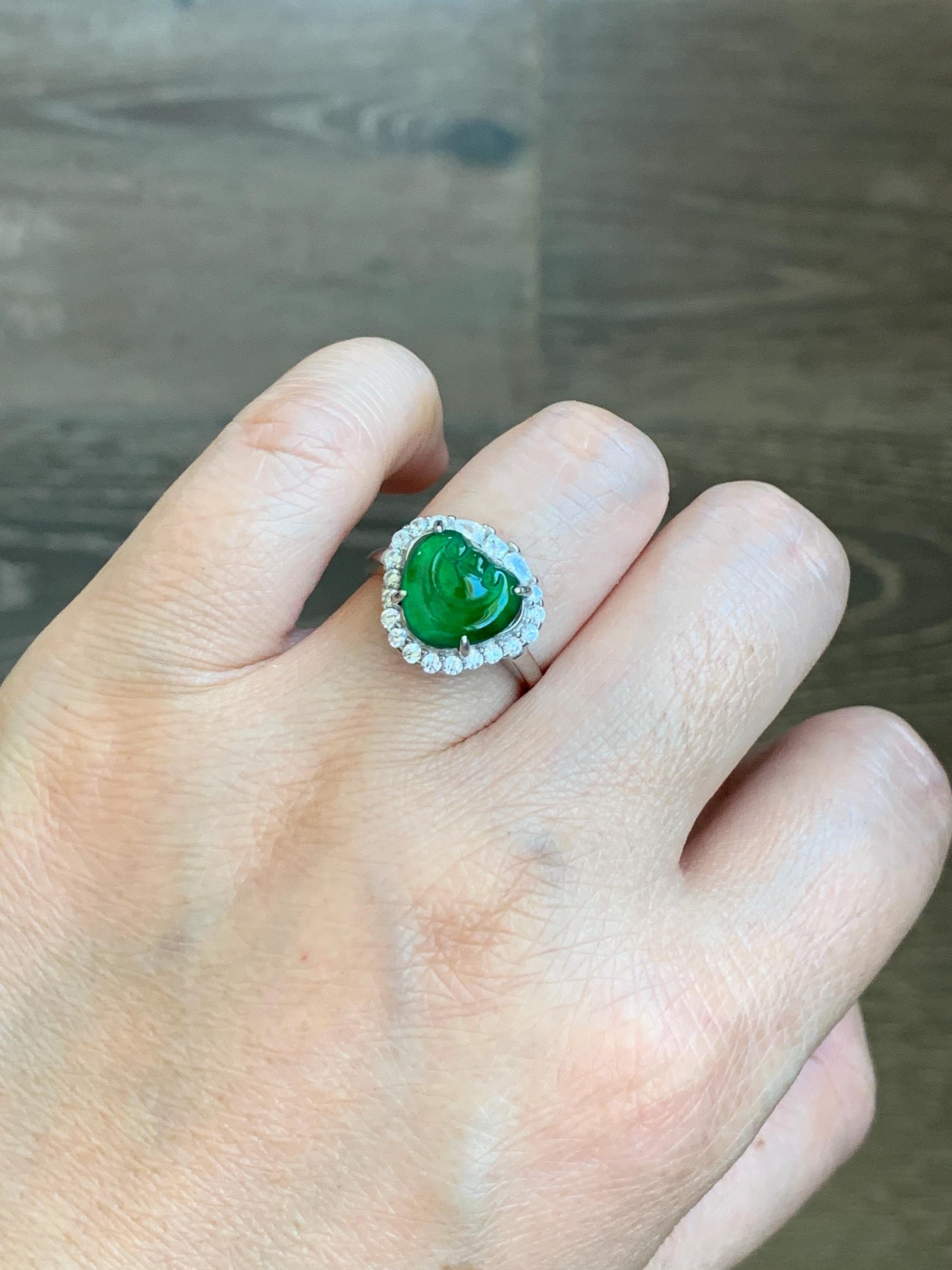 Natural Guatemalan Icy Translucent Vibrant Green Jadeite Ruyi Ring Halo Style Sterling Silver Size 7 Adjustable 天然老种冰危绿翡翠如意银镶戒指
