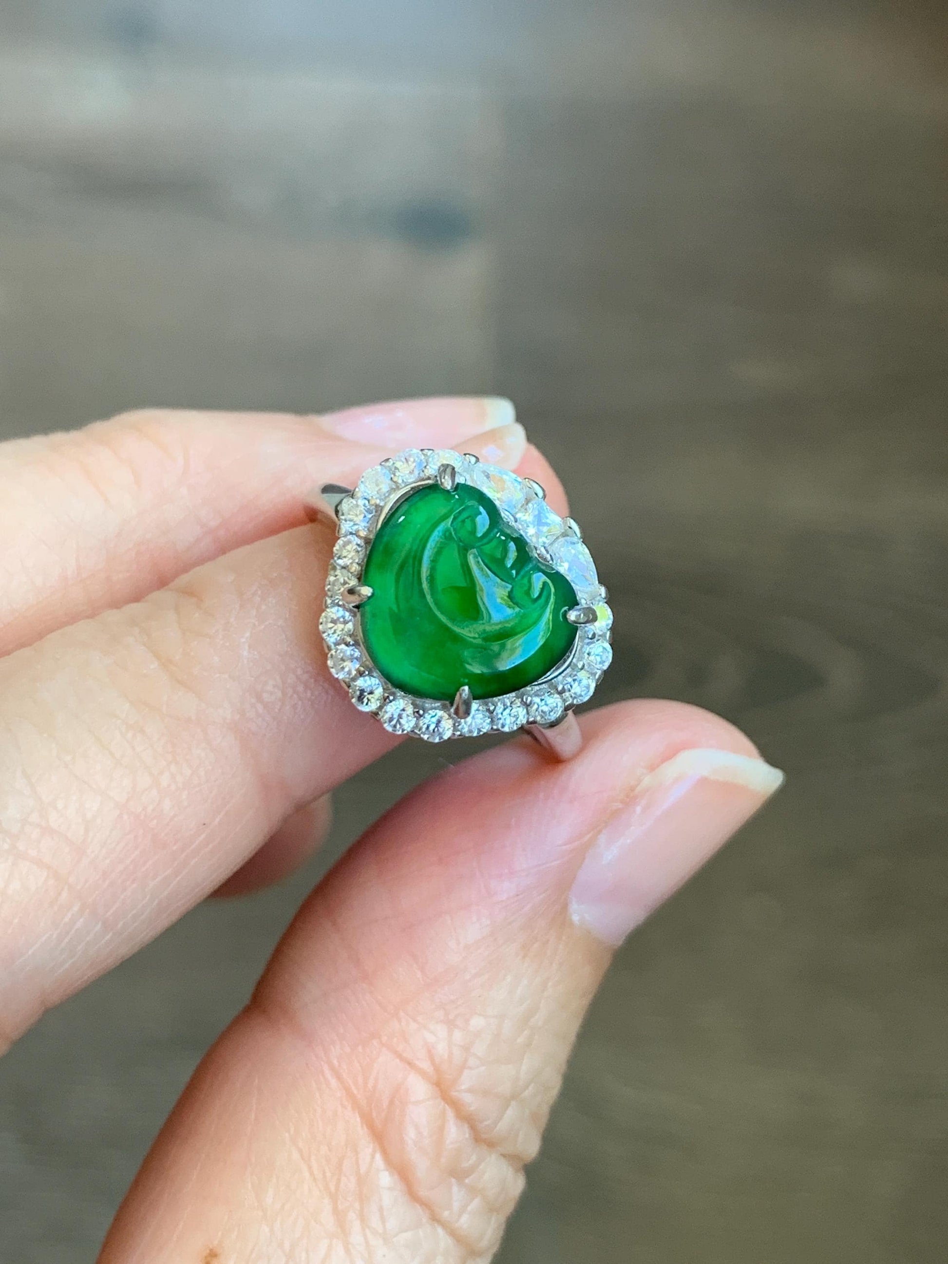 Natural Guatemalan Icy Translucent Vibrant Green Jadeite Ruyi Ring Halo Style Sterling Silver Size 7 Adjustable 天然老种冰危绿翡翠如意银镶戒指