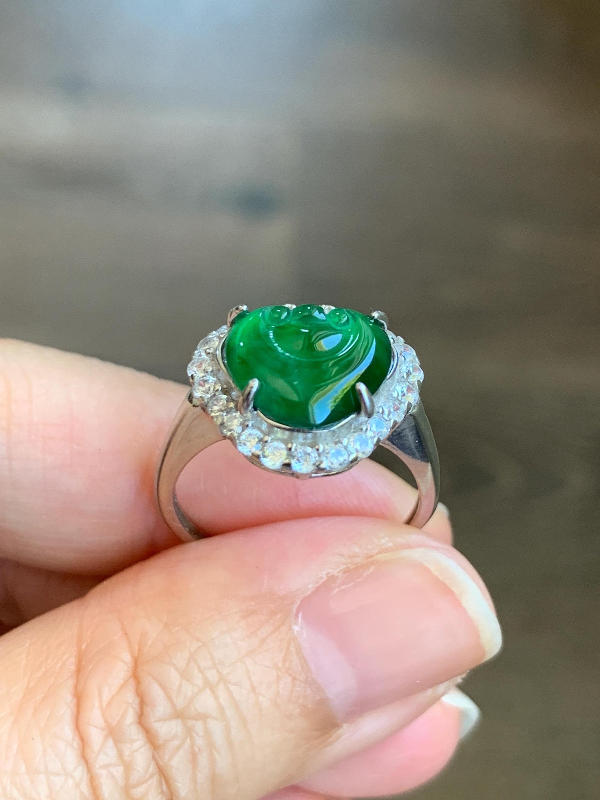 Natural Guatemalan Icy Translucent Vibrant Green Jadeite Ruyi Ring Halo Style Sterling Silver Size 7 Adjustable 天然老种冰危绿翡翠如意银镶戒指