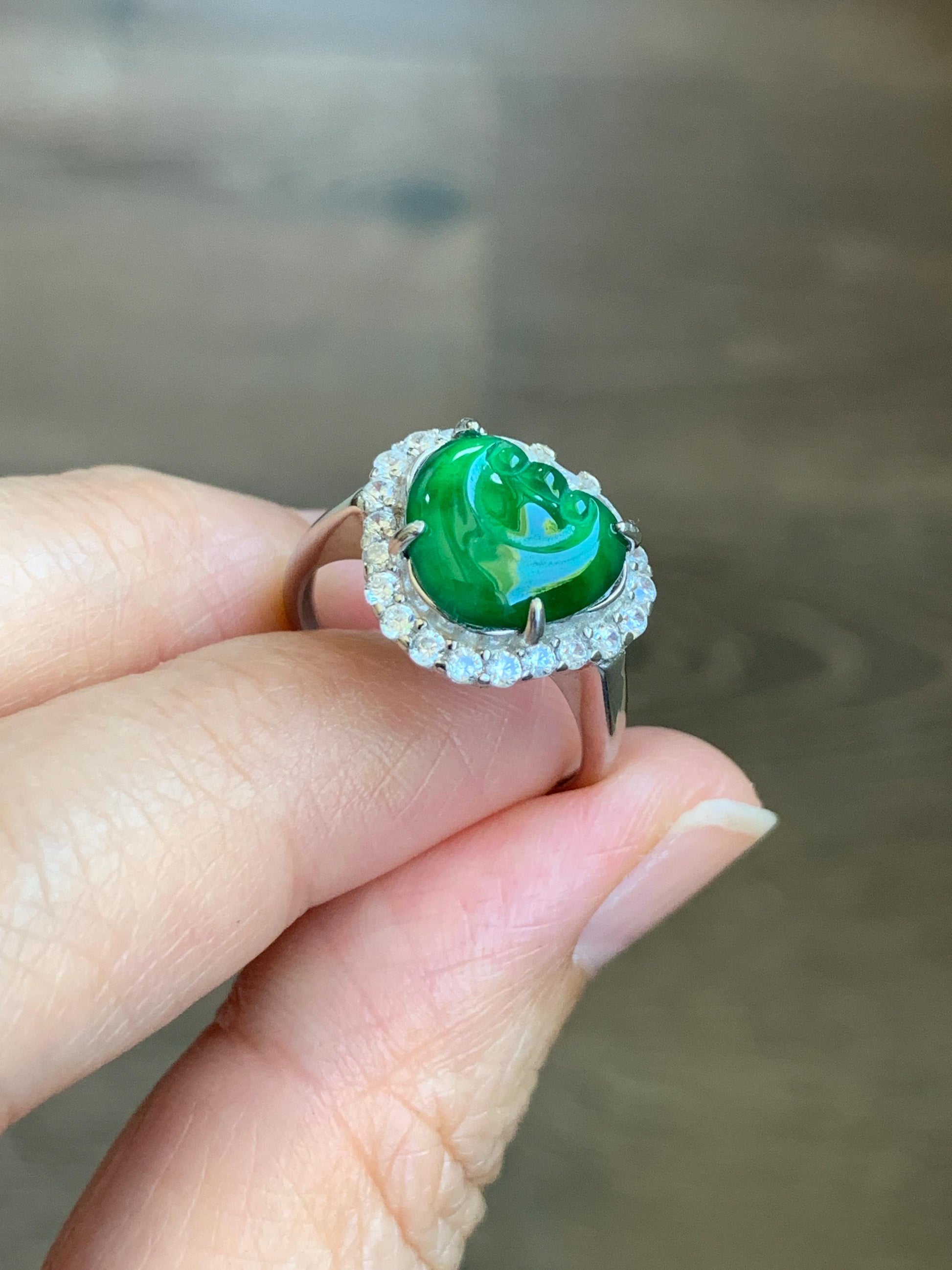Natural Guatemalan Icy Translucent Vibrant Green Jadeite Ruyi Ring Halo Style Sterling Silver Size 7 Adjustable 天然老种冰危绿翡翠如意银镶戒指